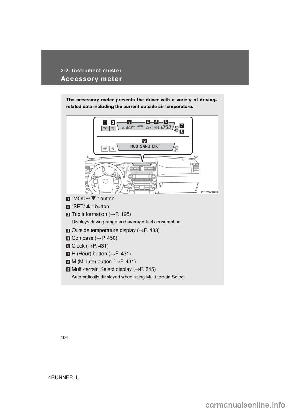 TOYOTA 4RUNNER 2010 N280 / 5.G Owners Manual 194
2-2. Instrument cluster
4RUNNER_U
Accessor y meter
The accessory meter presents the driver with a variety of driving-
related data including the current outside air temperature. 
“MODE/ ” butt