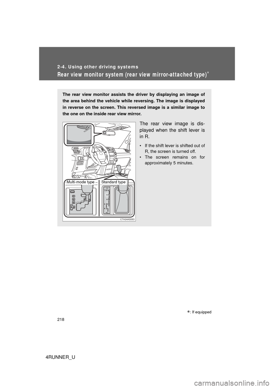 TOYOTA 4RUNNER 2010 N280 / 5.G Owners Manual 218
2-4. Using other driving systems
4RUNNER_U
Rear view monitor system (rear view mirror-attached type)
The rear view monitor assists the driver by displaying an image of
the area behind the vehic