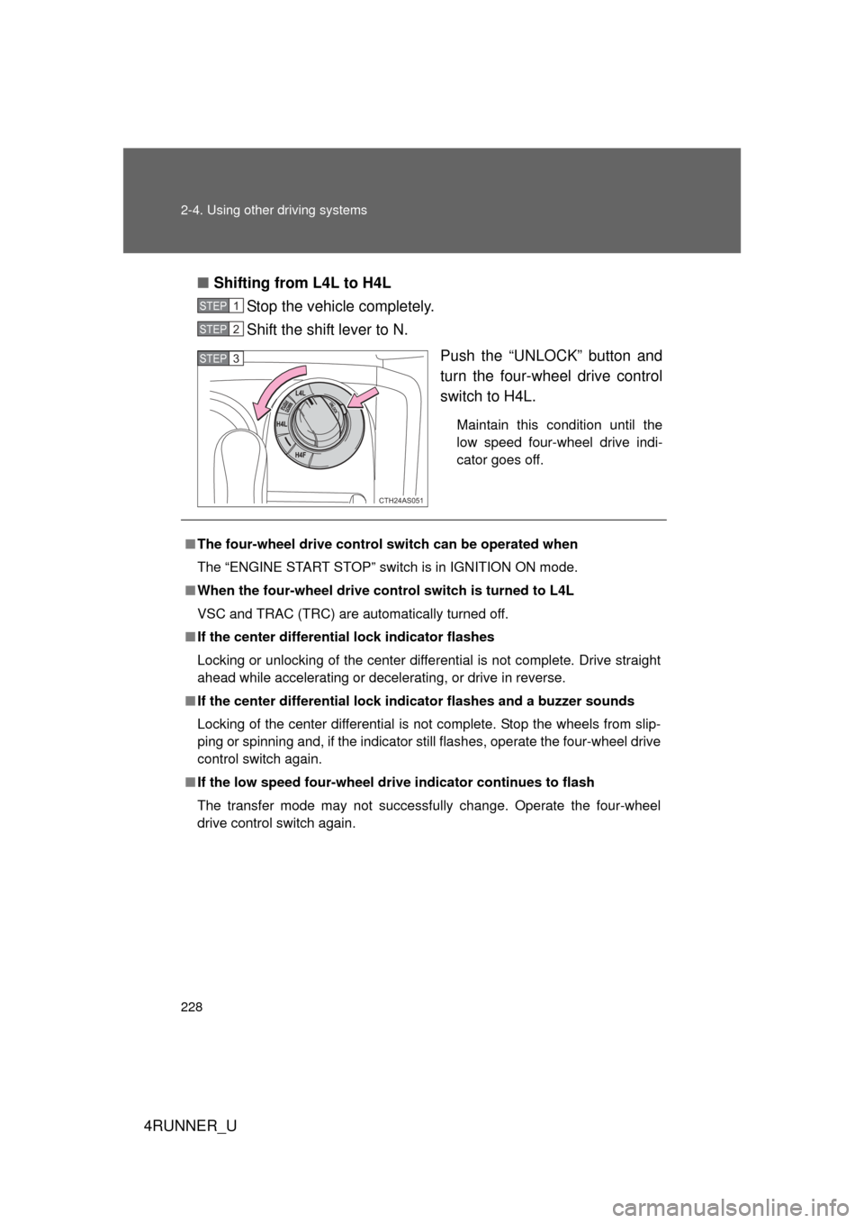 TOYOTA 4RUNNER 2010 N280 / 5.G Owners Manual 228 2-4. Using other driving systems
4RUNNER_U■
Shifting from L4L to H4L
Stop the vehicle completely.
Shift the shift lever to N.
Push the “UNLOCK” button and
turn the four-wheel drive control
s