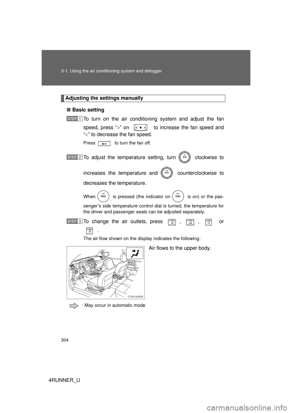TOYOTA 4RUNNER 2010 N280 / 5.G Owners Manual 304 3-1. Using the air conditioning system and defogger
4RUNNER_U
Adjusting the settings manually
■ Basic setting
To turn on the air conditioning system and adjust the fan
speed, press “ ” on