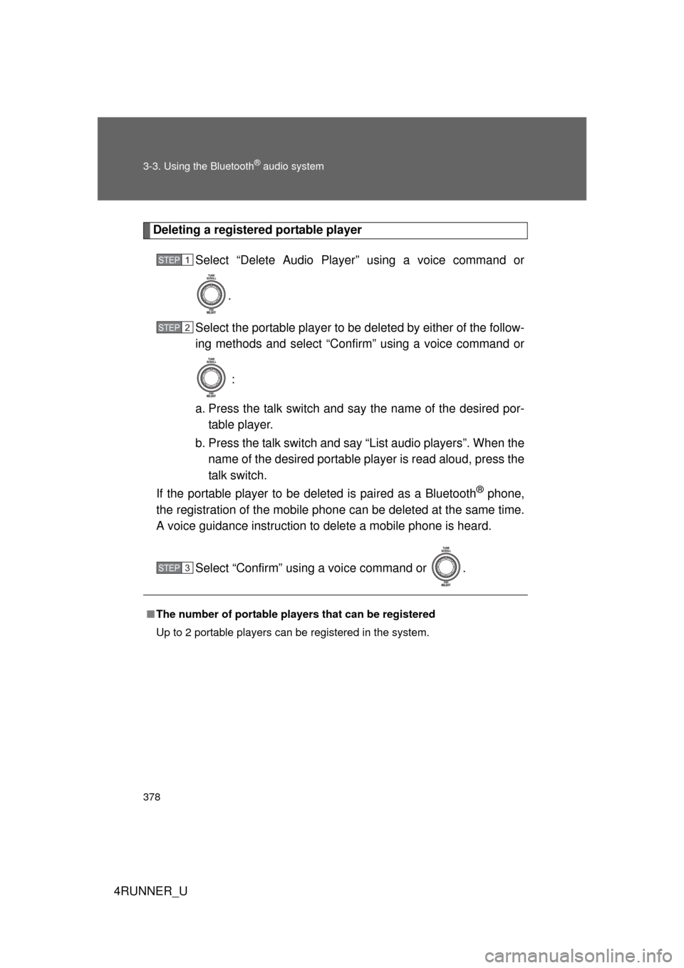 TOYOTA 4RUNNER 2010 N280 / 5.G Owners Manual 378 3-3. Using the Bluetooth
® audio system
4RUNNER_U
Deleting a registered portable playerSelect “Delete Audio Player” using a voice command or
.
Select the portable player to be  deleted by eit