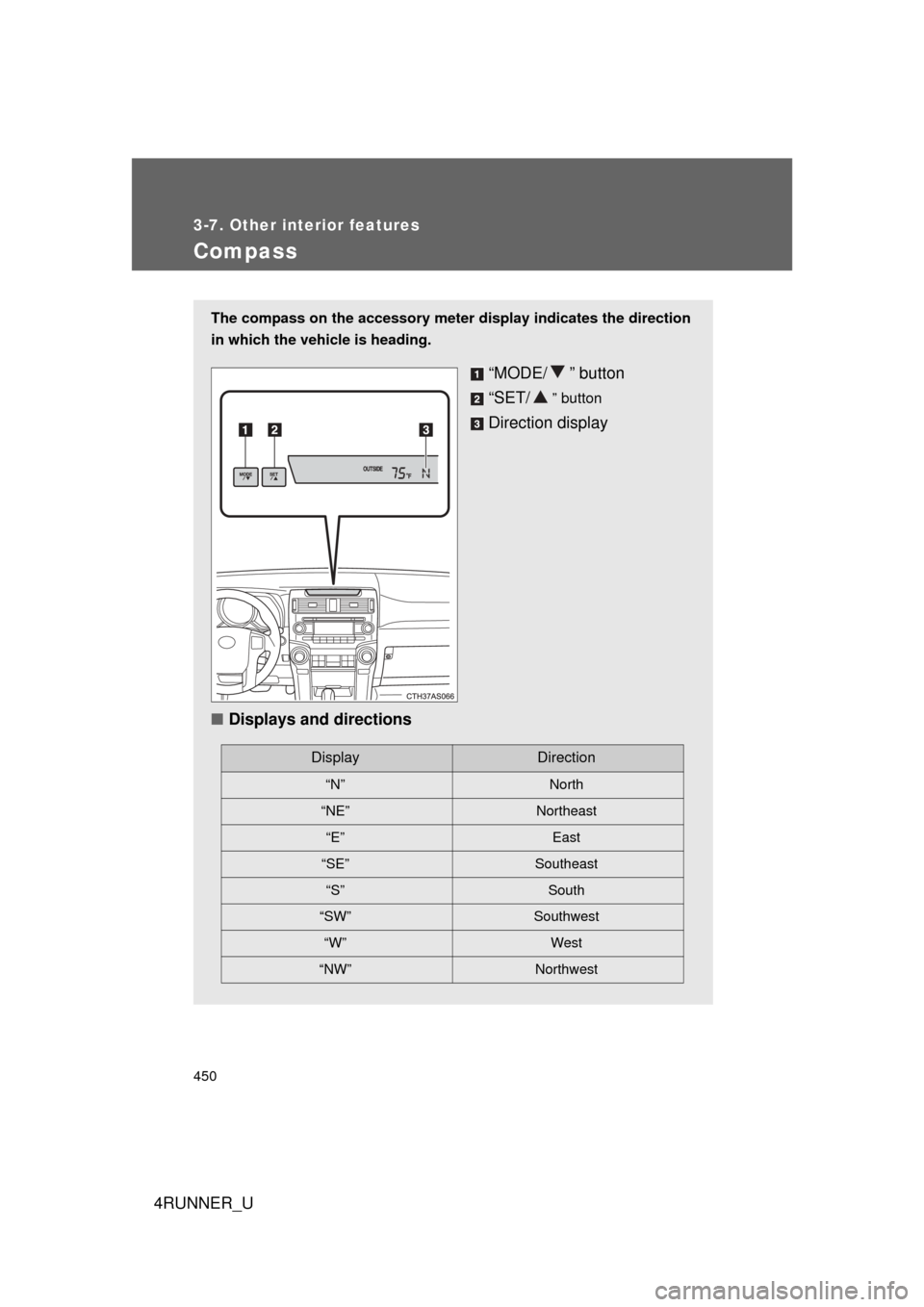 TOYOTA 4RUNNER 2010 N280 / 5.G Owners Manual 450
3-7. Other interior features
4RUNNER_U
Compass
The compass on the accessory meter display indicates the direction
in which the vehicle is heading.
“MODE/ ” button
“SET/
” button
Direction 