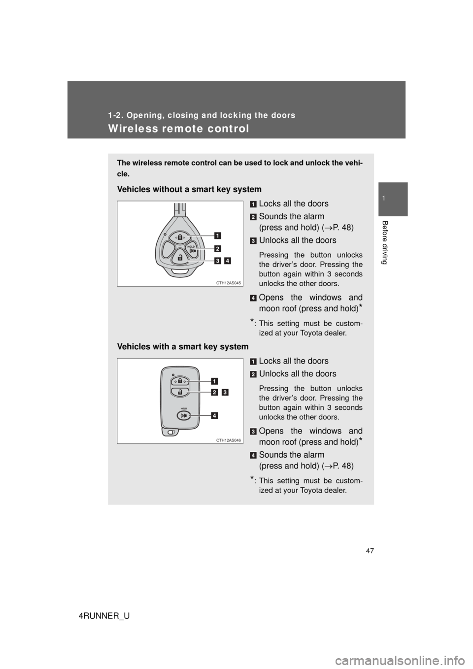 TOYOTA 4RUNNER 2010 N280 / 5.G Owners Manual 47
1
1-2. Opening, closing and locking the doors
Before driving
4RUNNER_U
Wireless remote control
The wireless remote control can be used to lock and unlock the vehi-
cle.
Vehicles without a smart key
