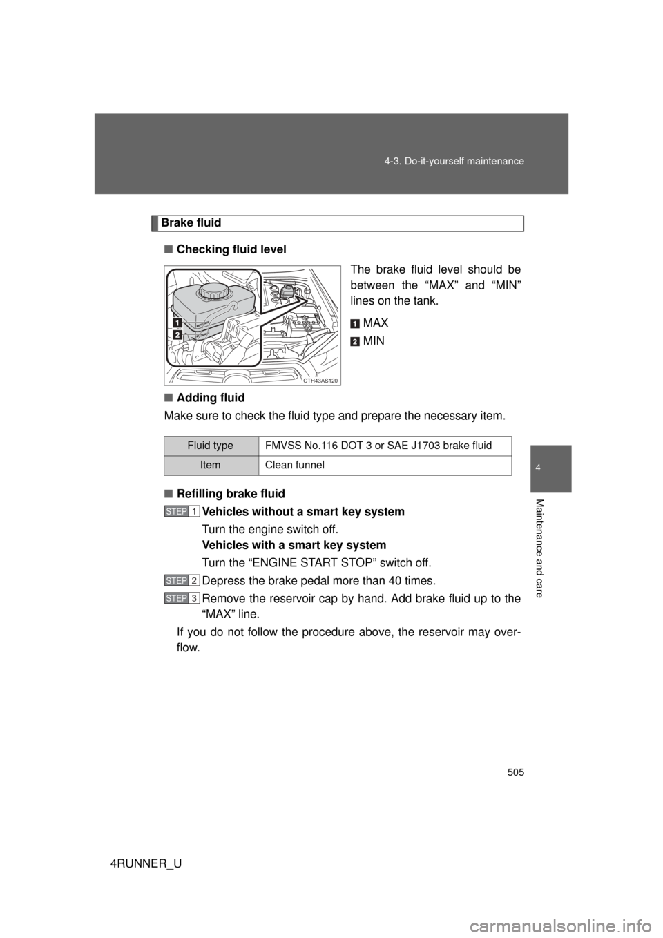 TOYOTA 4RUNNER 2010 N280 / 5.G Owners Manual 505
4-3. Do-it-yourself maintenance
4
Maintenance and care
4RUNNER_U
Brake fluid
■ Checking fluid level
The brake fluid level should be
between the “MAX” and “MIN”
lines on the tank.
MAX
MIN