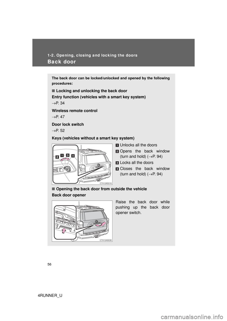 TOYOTA 4RUNNER 2010 N280 / 5.G Owners Manual 56
1-2. Opening, closing and locking the doors
4RUNNER_U
Back door
The back door can be locked/unlocked and opened by the following
procedures:
■ Locking and unlocking the back door
Entry function (