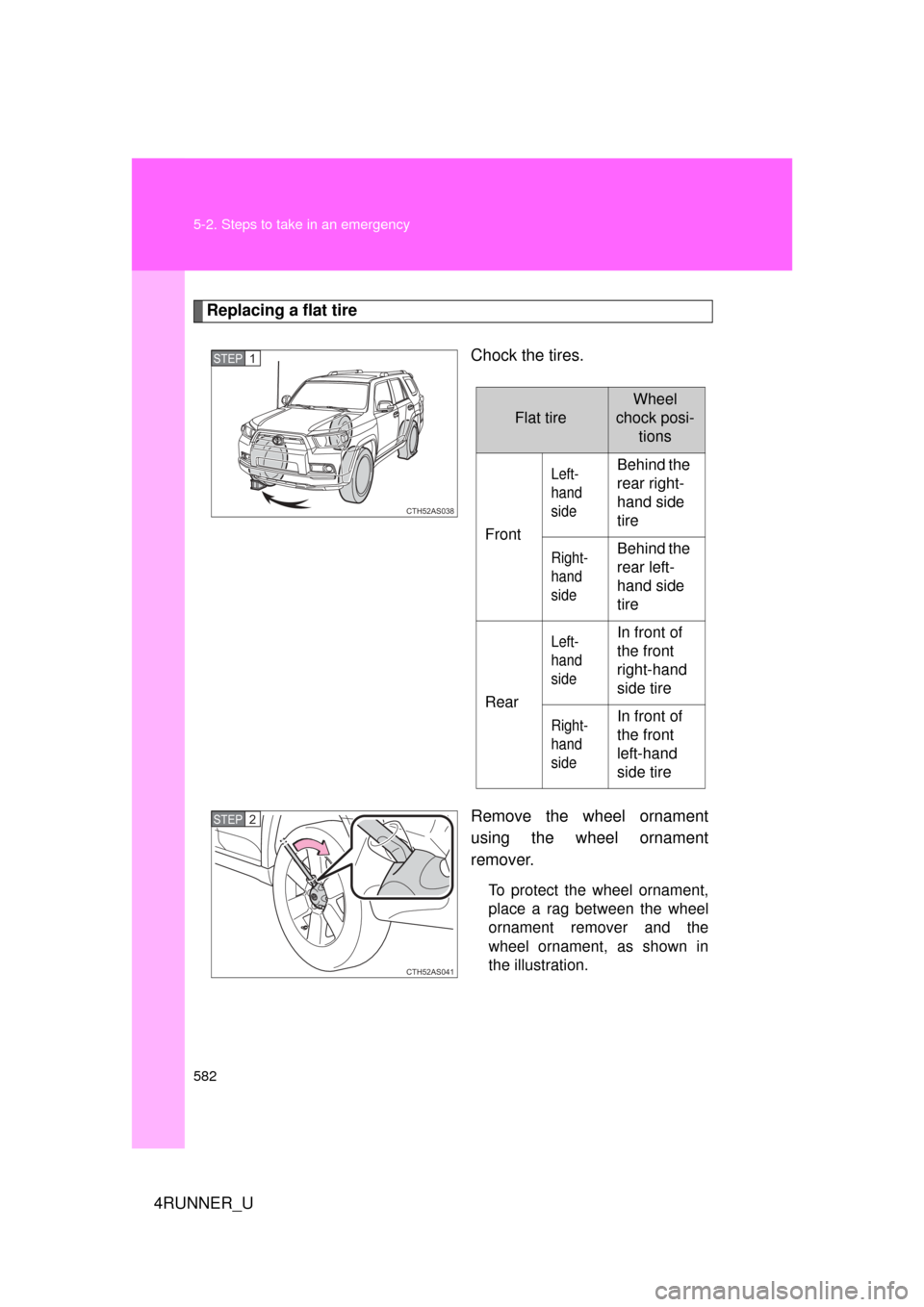TOYOTA 4RUNNER 2010 N280 / 5.G Owners Manual 582 5-2. Steps to take in an emergency
4RUNNER_U
Replacing a flat tireChock the tires.
Remove the wheel ornament
using the wheel ornament
remover.
To protect the wheel ornament,
place a rag between th