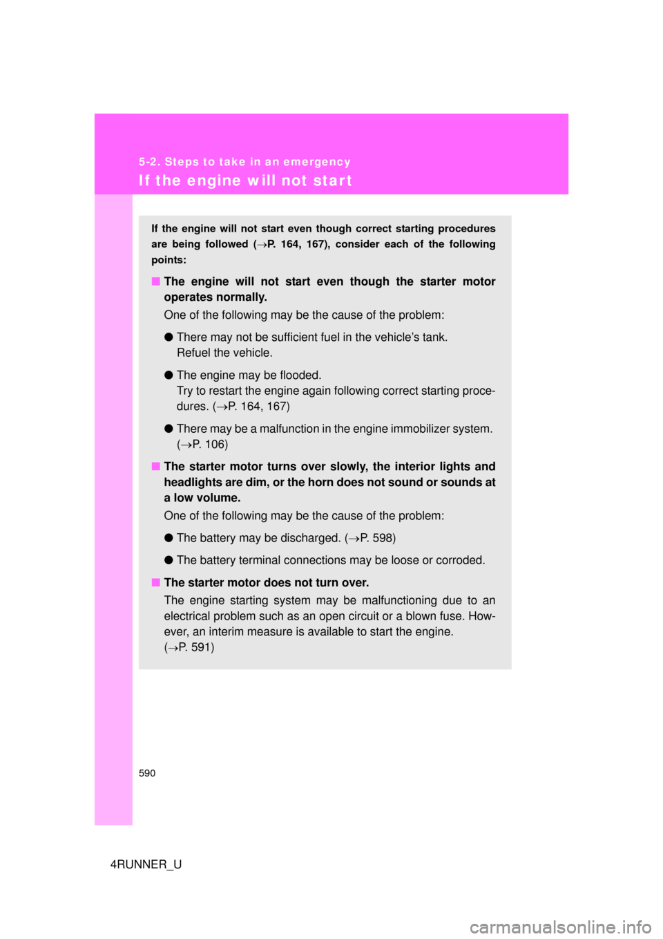 TOYOTA 4RUNNER 2010 N280 / 5.G Owners Manual 590
5-2. Steps to take in an emergency
4RUNNER_U
If the engine will not star t
If the engine will not start even though correct starting procedures
are being followed ( P. 164, 167), consider each 