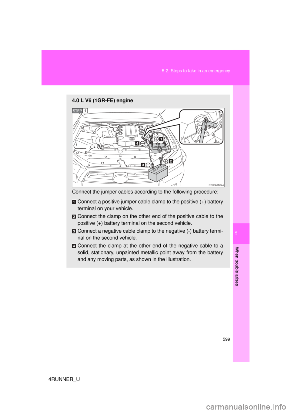 TOYOTA 4RUNNER 2010 N280 / 5.G Owners Manual 5
When trouble arises
599
5-2. Steps to take in an emergency
4RUNNER_U
4.0 L V6 (1GR-FE) engine
Connect the jumper cables accord
ing to the following procedure:
Connect a positive jumper cable  clamp 