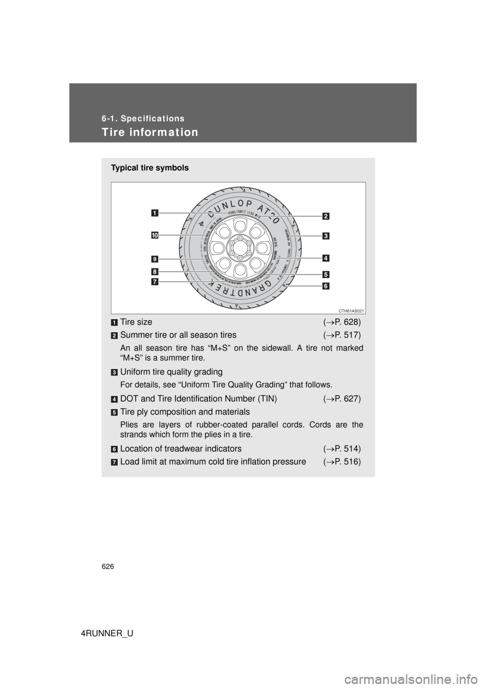 TOYOTA 4RUNNER 2010 N280 / 5.G Owners Manual 626
6-1. Specifications
4RUNNER_U
Tire infor mation
Typical tire symbols
Tire size( P. 628)
Summer tire or all season tires  ( P. 517)
An all season tire has “M+S” on the sidewall. A tire no