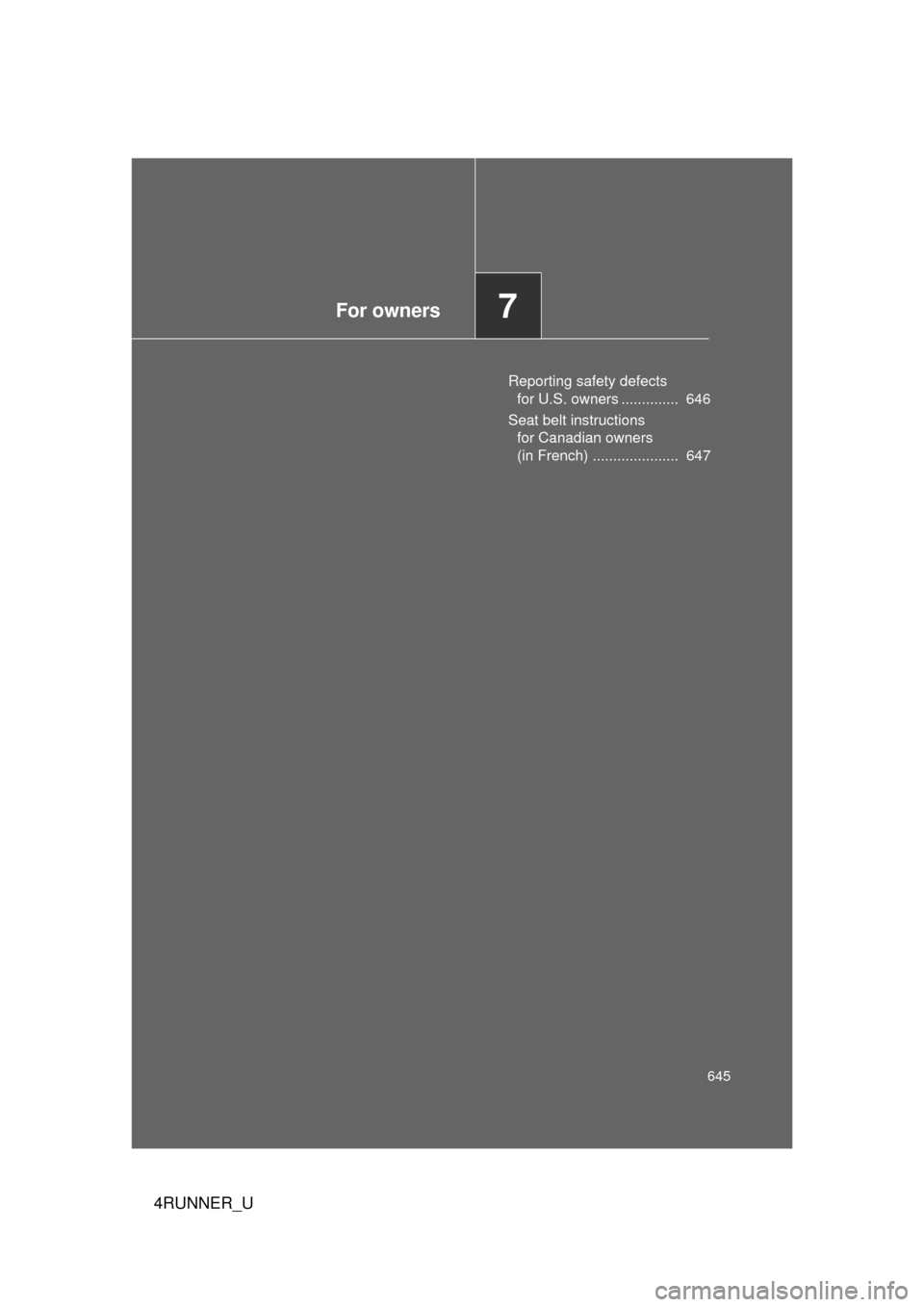TOYOTA 4RUNNER 2010 N280 / 5.G Owners Manual For owners7
645
4RUNNER_U
Reporting safety defects for U.S. owners ..............  646
Seat belt instructions  for Canadian owners 
(in French) .....................  647 
