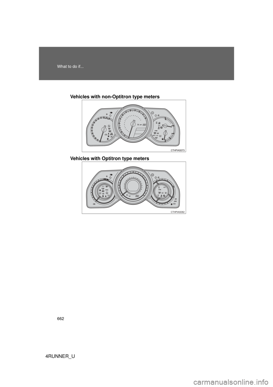 TOYOTA 4RUNNER 2010 N280 / 5.G Owners Manual 662 What to do if...
4RUNNER_U
Vehicles with non-Optitron type meters
Vehicles with Optitron type meters
CTHPIAS082 