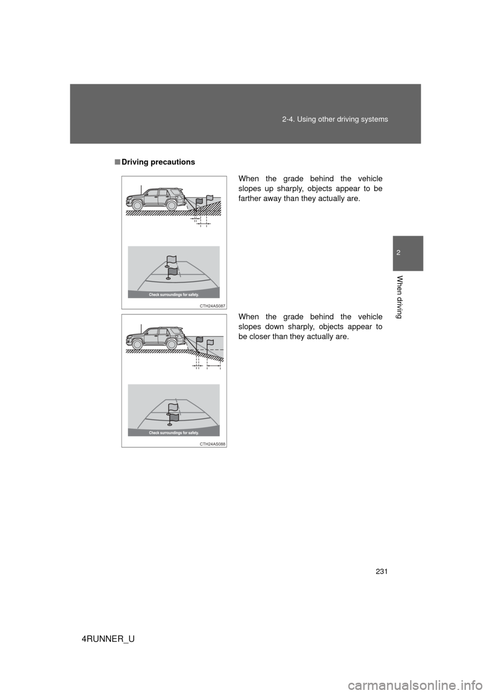 TOYOTA 4RUNNER 2012 N280 / 5.G Owners Manual 231
2-4. Using other 
driving systems
2
When driving
4RUNNER_U
■Driving precautions
When the grade behind the vehicle
slopes up sharply, objects appear to be
farther away than they actually are.
Whe