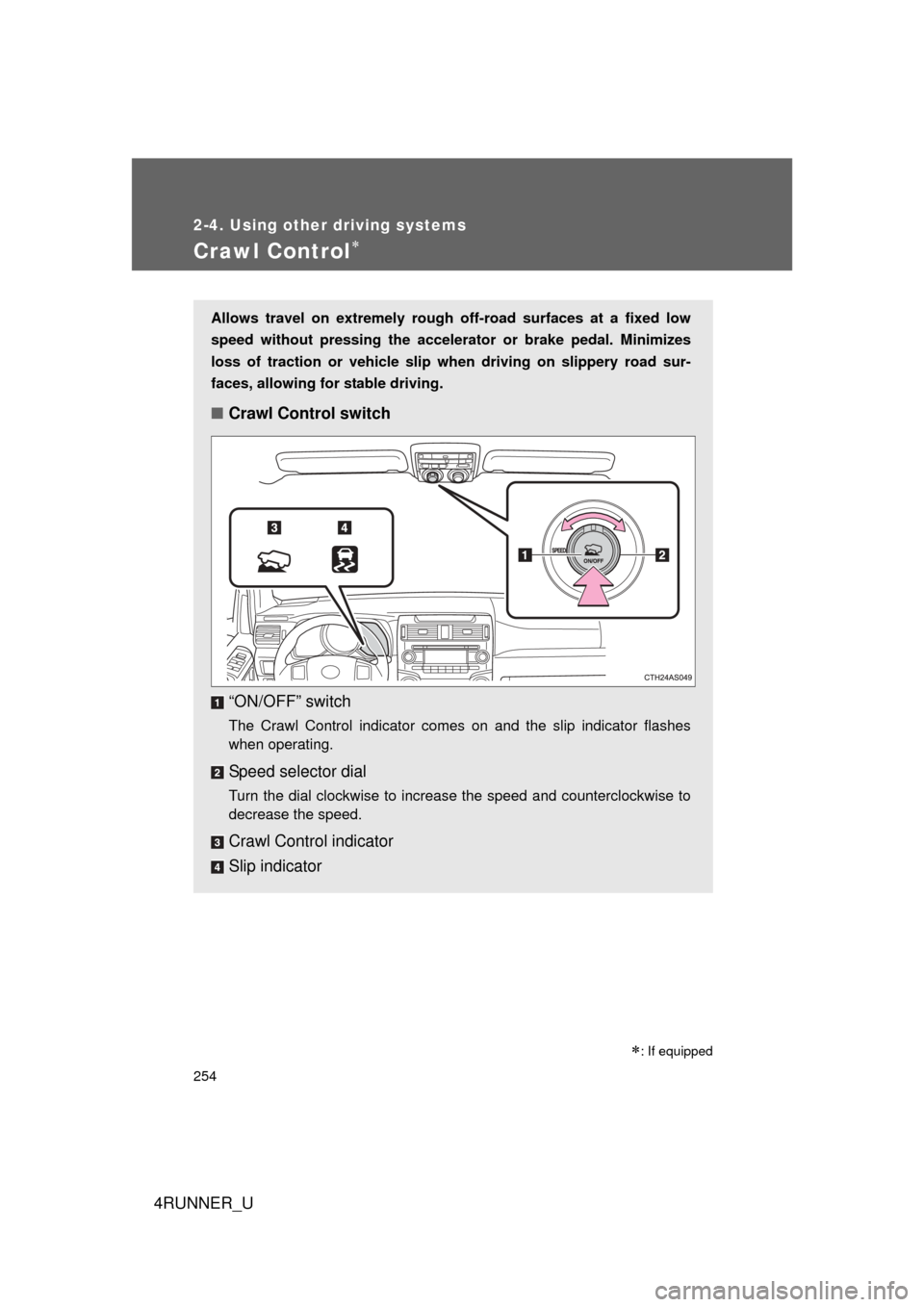 TOYOTA 4RUNNER 2012 N280 / 5.G Owners Manual 254
2-4. Using other driving systems
4RUNNER_U
Crawl Control
Allows travel on extremely rough off-road surfaces at a fixed low
speed without pressing the accelerat or or brake pedal. Minimizes
loss