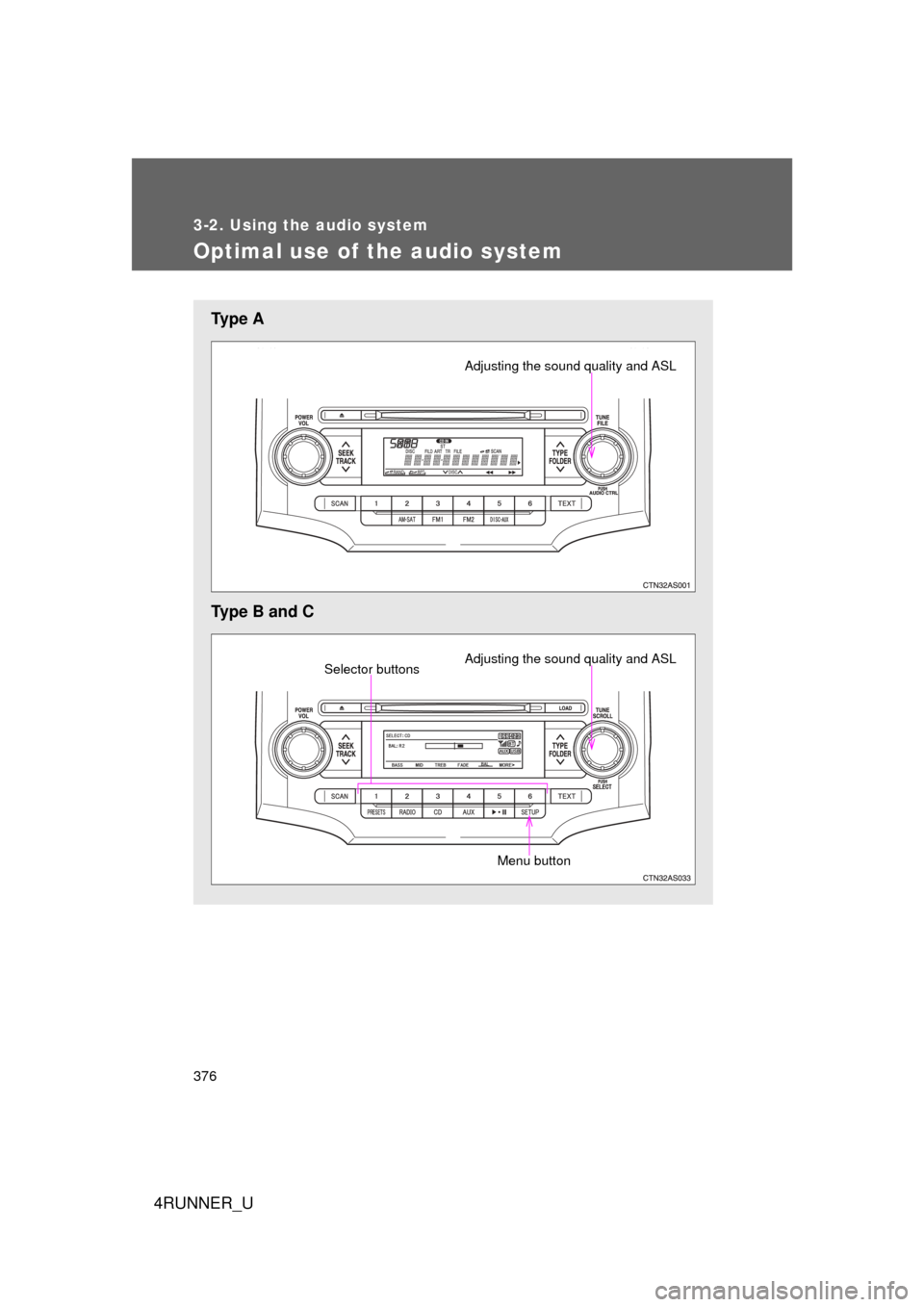TOYOTA 4RUNNER 2012 N280 / 5.G Owners Manual 376
3-2. Using the audio system
4RUNNER_U
Optimal use of the audio system
Ty p e  A
Type B and C
Adjusting the sound quality and ASL
Adjusting the sound quality and ASLSelector buttons
Menu button 