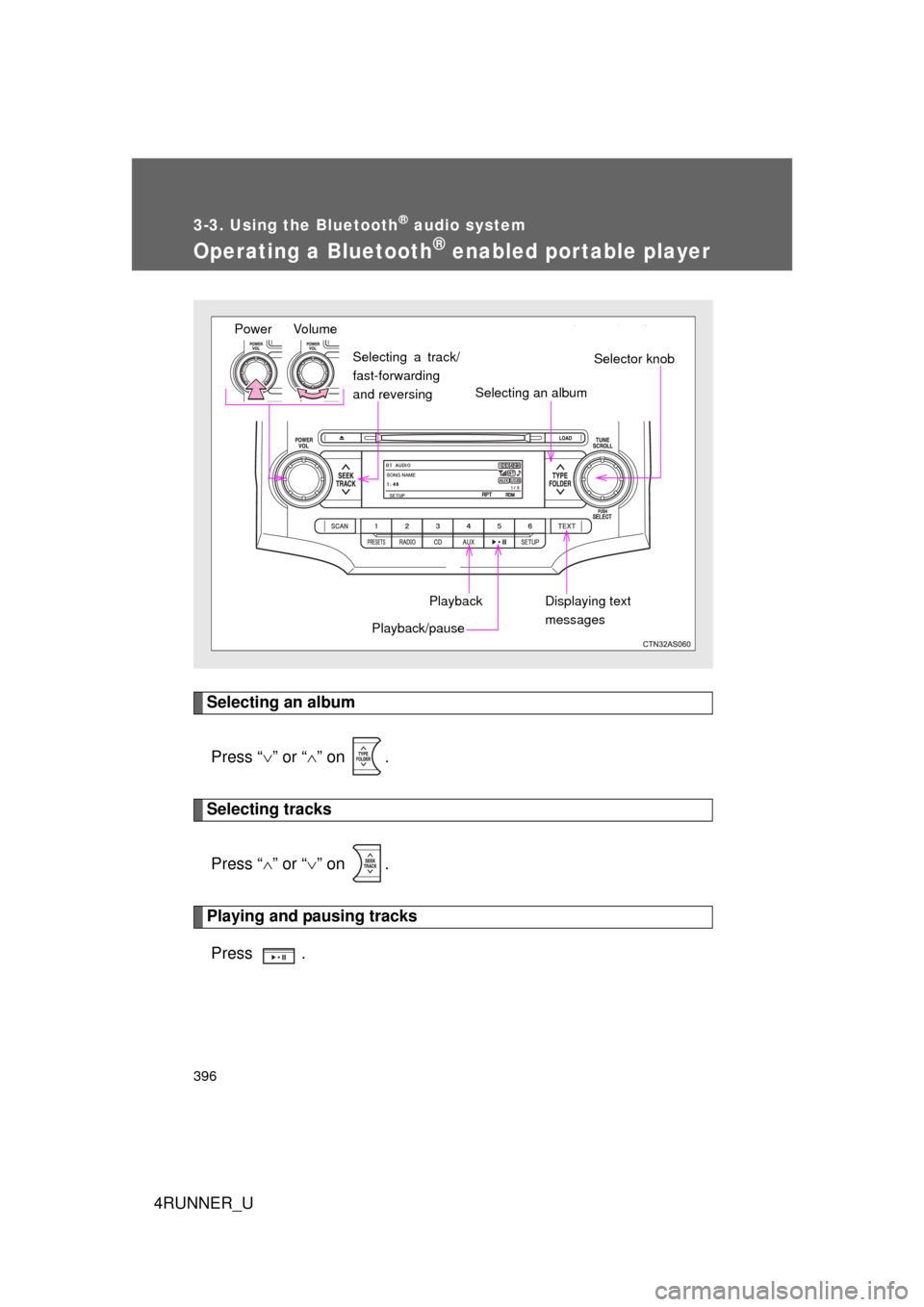 TOYOTA 4RUNNER 2012 N280 / 5.G Owners Manual 396
3-3. Using the Bluetooth® audio system
4RUNNER_U
Operating a Bluetooth® enabled portable player
Selecting an albumPress “ ” or “ ” on  .
Selecting tracks
Press “ ” or “ 