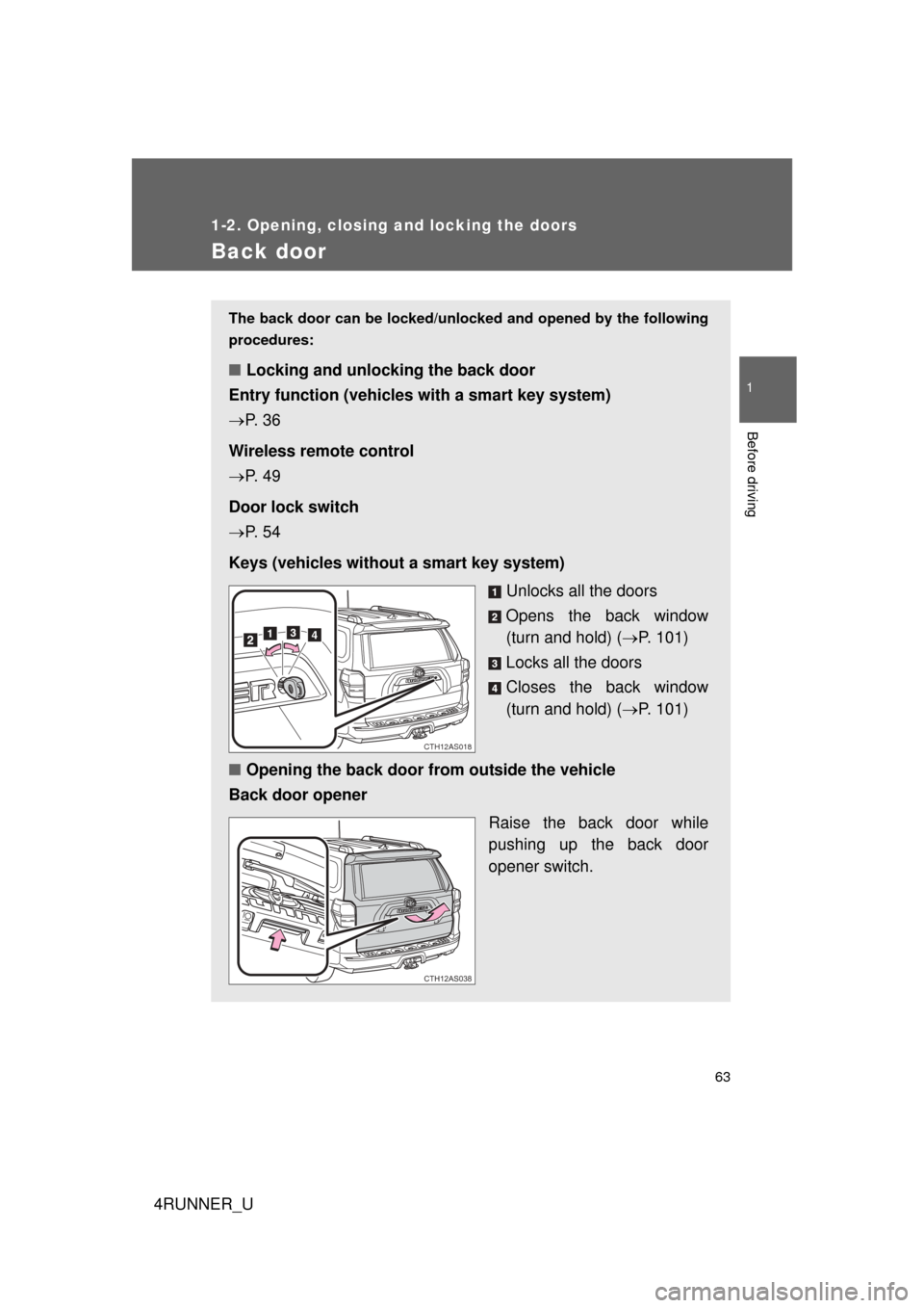 TOYOTA 4RUNNER 2012 N280 / 5.G Owners Manual 63
1
1-2. Opening, closing and locking the doors
Before driving
4RUNNER_U
Back door
The back door can be locked/unlocked and opened by the following
procedures:
■ Locking and unlocking the back door