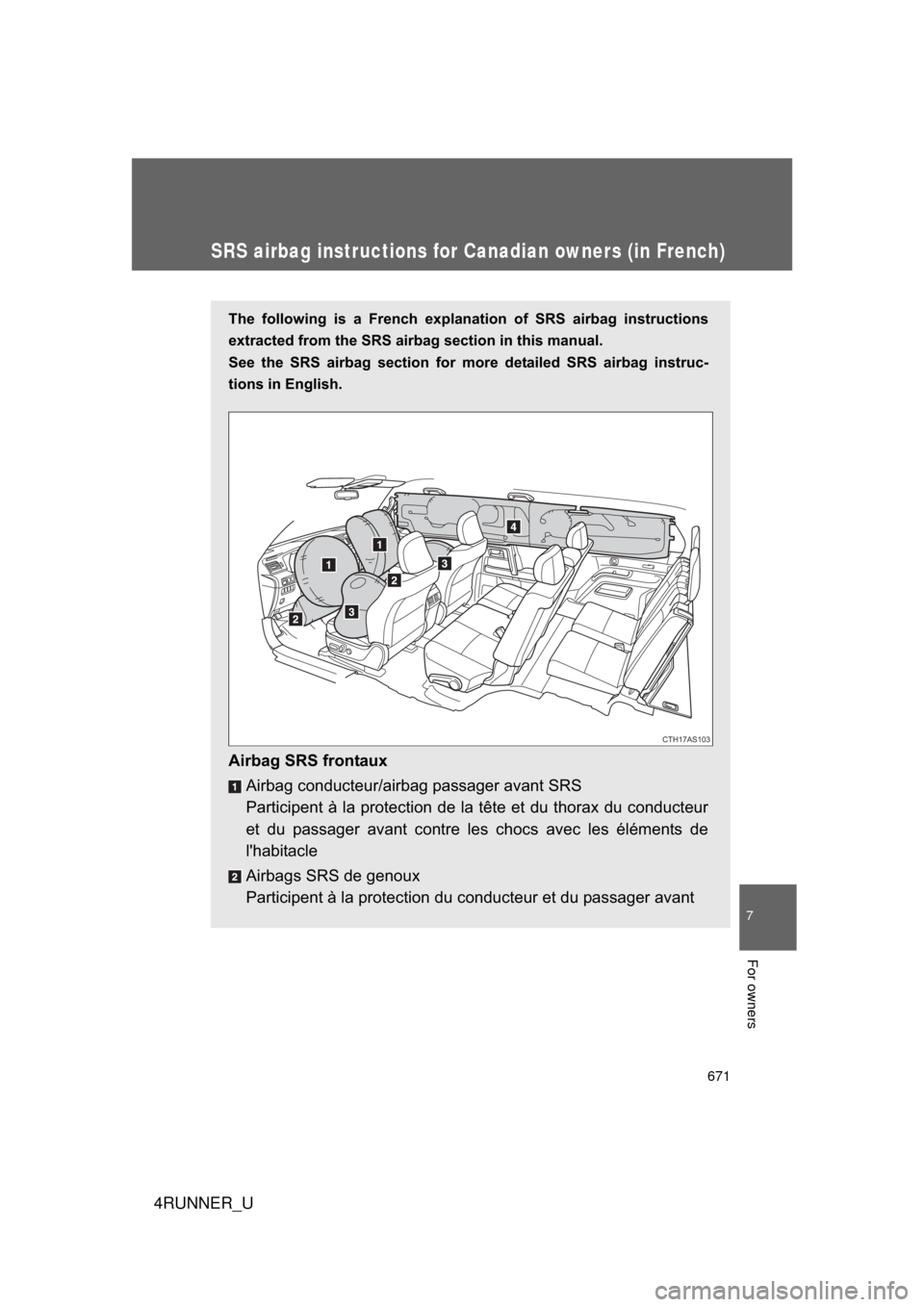 TOYOTA 4RUNNER 2012 N280 / 5.G Owners Manual 671
7
4RUNNER_U
For owners
SRS airbag instructions for Canadian owners (in French)
The following is a French explanation of SRS airbag instructions
extracted from the SRS airbag section in this manual