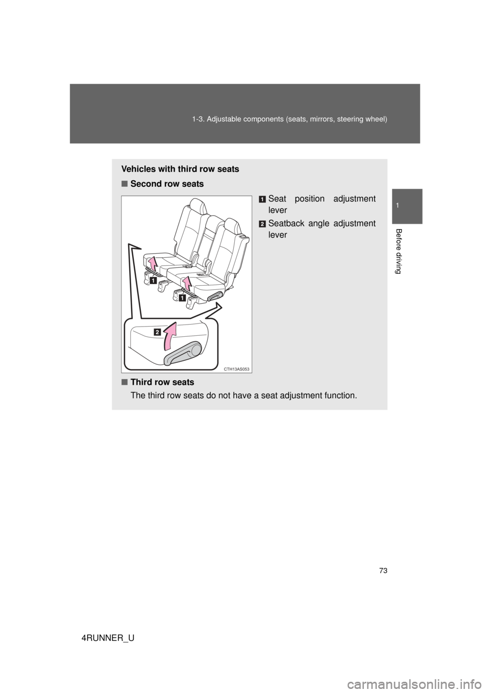 TOYOTA 4RUNNER 2012 N280 / 5.G Owners Manual 73
1-3. Adjustable components (s
eats, mirrors, steering wheel)
1
Before driving
4RUNNER_U
Vehicles with third row seats
■Second row seats
Seat position adjustment
lever
Seatback angle adjustment
le