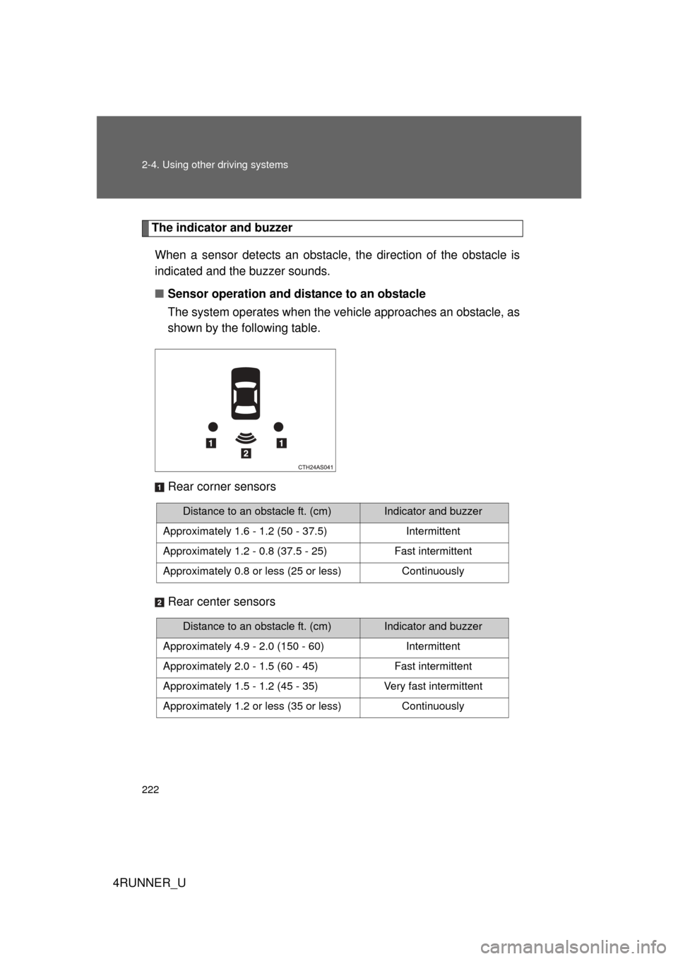TOYOTA 4RUNNER 2013 N280 / 5.G Owners Manual 222 2-4. Using other driving systems
4RUNNER_U
The indicator and buzzerWhen a sensor detects an obstacle,  the direction of the obstacle is
indicated and the buzzer sounds.
■ Sensor operation and di