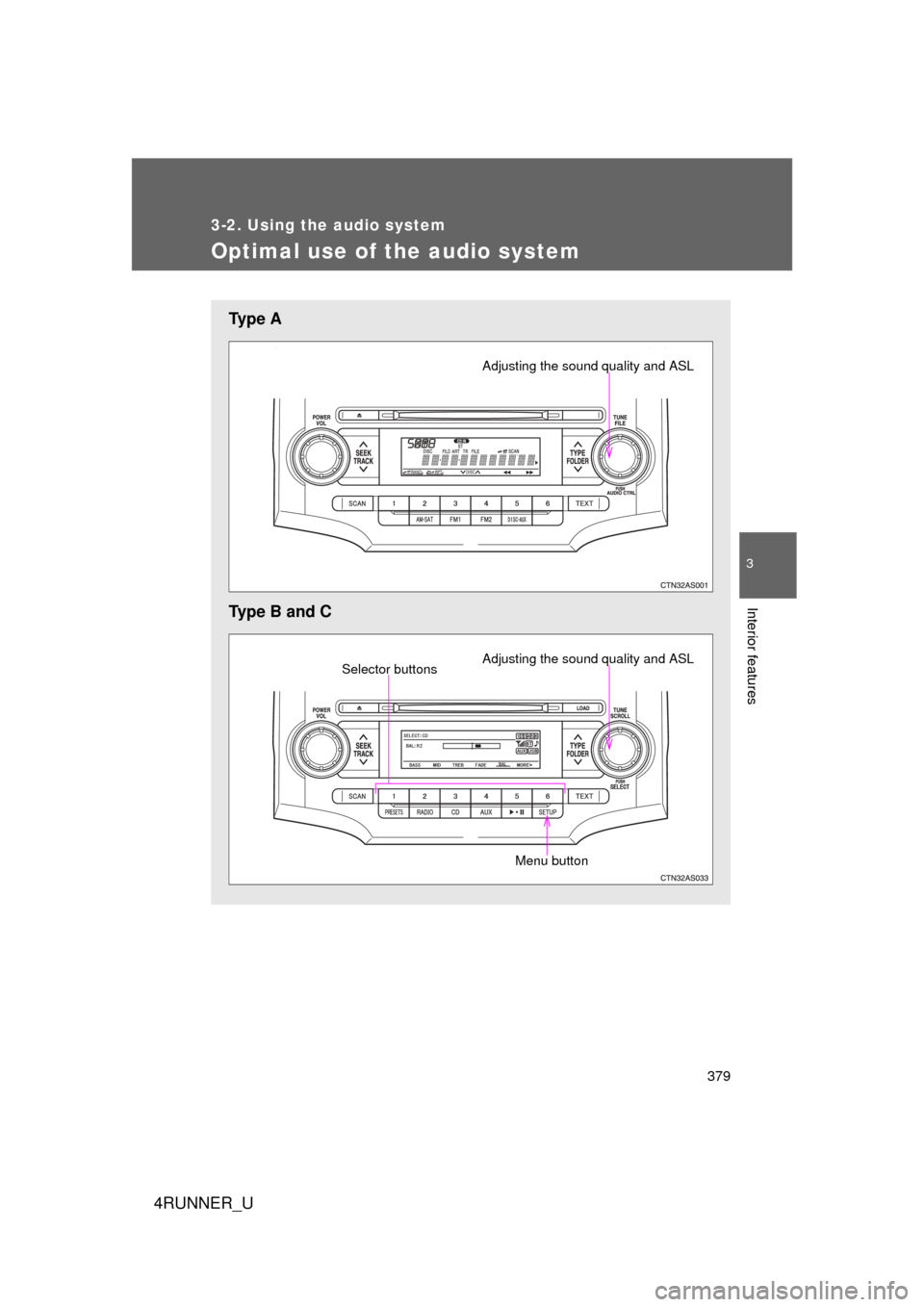 TOYOTA 4RUNNER 2013 N280 / 5.G Owners Manual 379
3-2. Using the audio system
3
Interior features
4RUNNER_U
Optimal use of the audio system
Ty p e  A
Type B and C
Adjusting the sound quality and ASL
Adjusting the sound quality and ASLSelector but