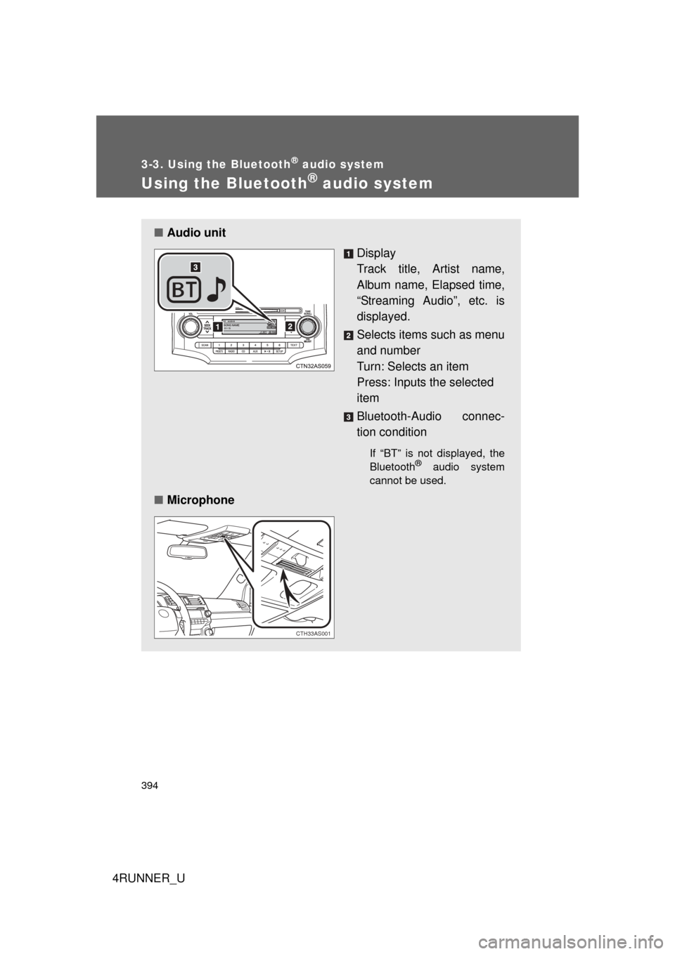 TOYOTA 4RUNNER 2013 N280 / 5.G Owners Manual 394
3-3. Using the Bluetooth® audio system
4RUNNER_U
Using the Bluetooth® audio system
■Audio unit
Display 
Track title, Artist name,
Album name, Elapsed time,
“Streaming Audio”, etc. is
displ