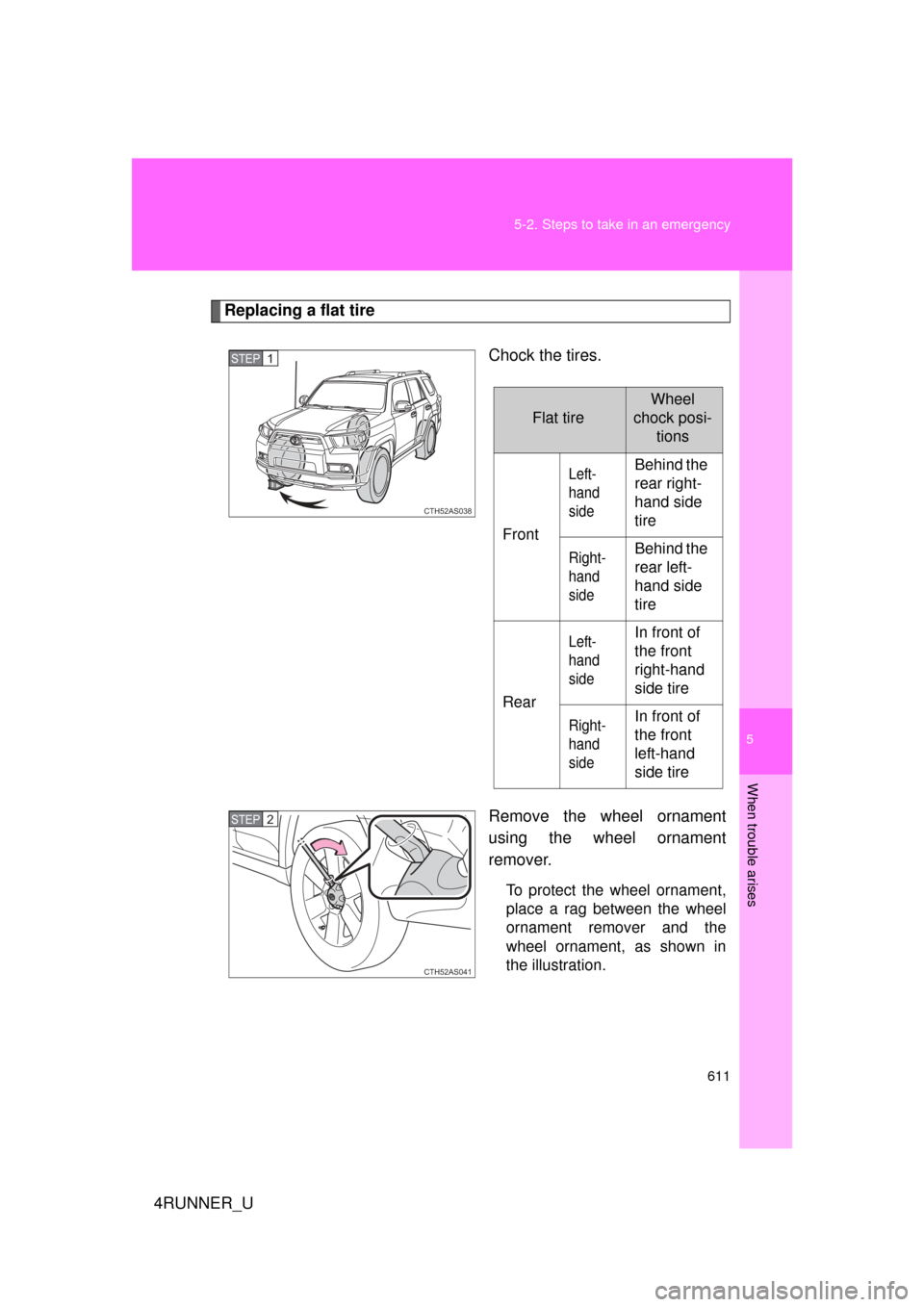 TOYOTA 4RUNNER 2013 N280 / 5.G Owners Manual 5
When trouble arises
611
5-2. Steps to take in an emergency
4RUNNER_U
Replacing a flat tire
Chock the tires.
Remove the wheel ornament
using the wheel ornament
remover.
To protect the wheel ornament,