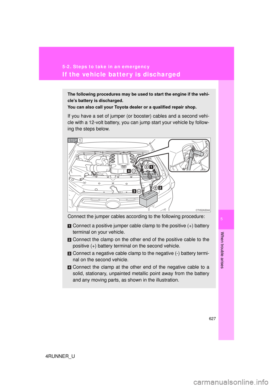 TOYOTA 4RUNNER 2013 N280 / 5.G Owners Manual 5
When trouble arises
627
5-2. Steps to take in an emergency
4RUNNER_U
If the vehicle batter y is discharged
The following procedures may be used to start the engine if the vehi-
cles battery is disc TOYOTA 4RUNNER 2013 N280 / 5.G Owners Manual 5
When trouble arises
627
5-2. Steps to take in an emergency
4RUNNER_U
If the vehicle batter y is discharged
The following procedures may be used to start the engine if the vehi-
cles battery is disc