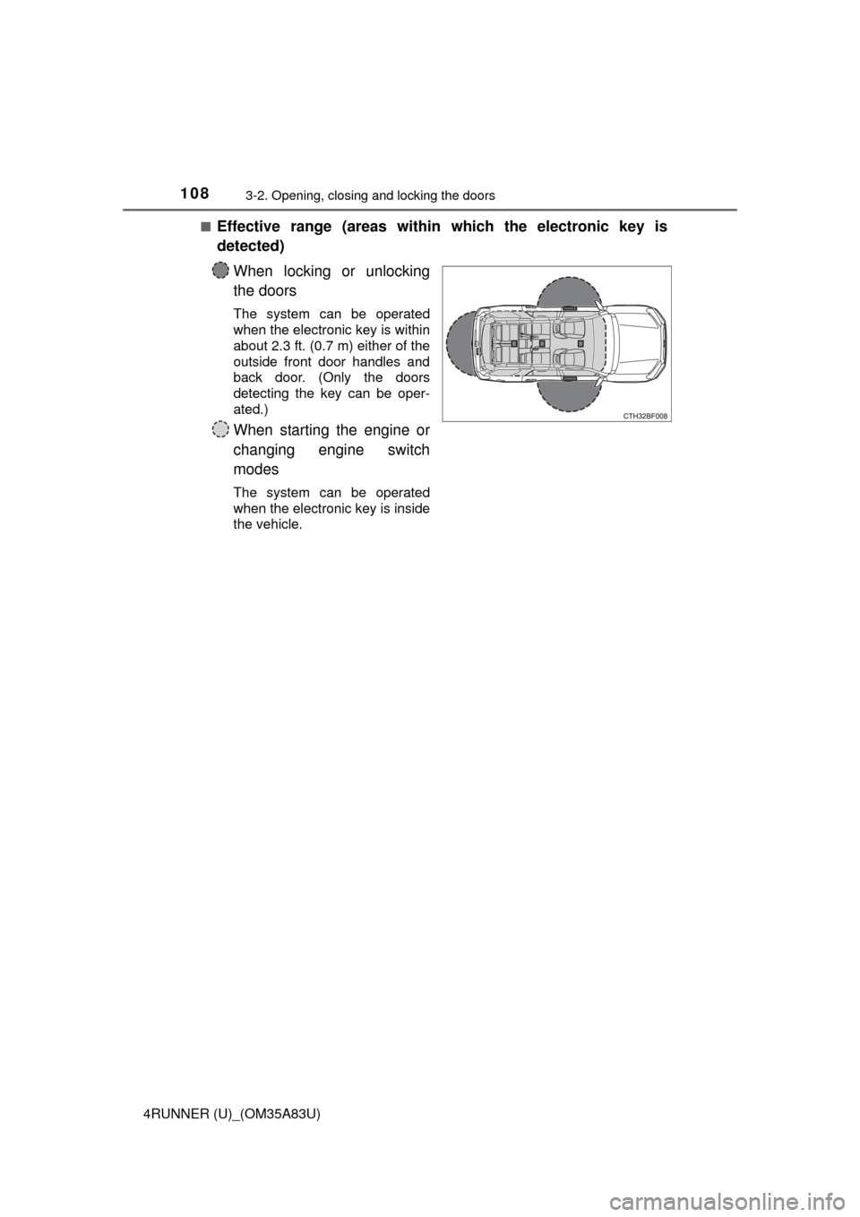 TOYOTA 4RUNNER 2014 N280 / 5.G Owners Manual 1083-2. Opening, closing and locking the doors
4RUNNER (U)_(OM35A83U)■
Effective range (areas within which the electronic key is
detected)
When locking or unlocking
the doors
The system can be opera