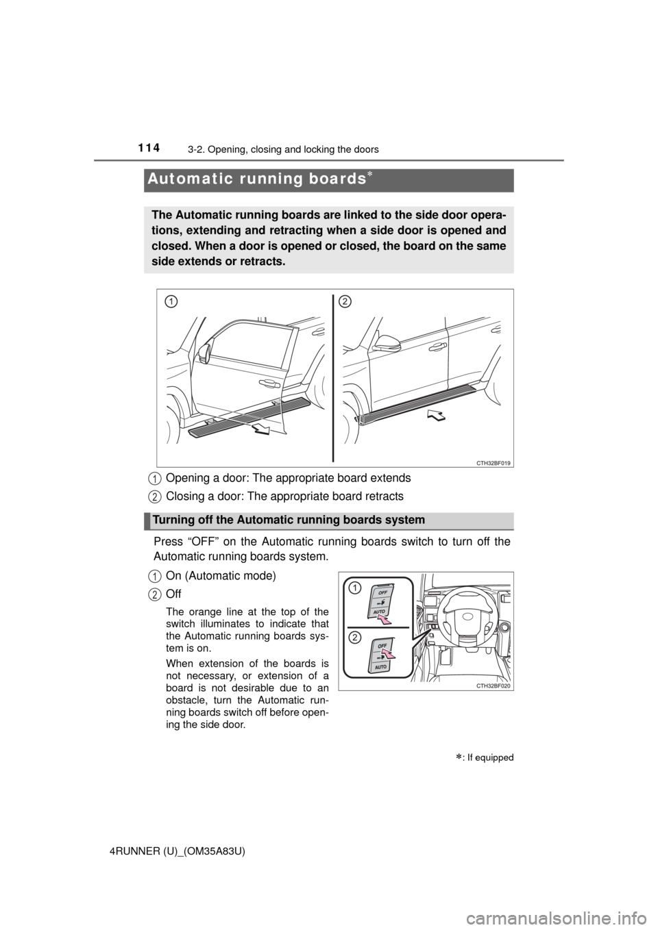 TOYOTA 4RUNNER 2014 N280 / 5.G Owners Manual 1143-2. Opening, closing and locking the doors
4RUNNER (U)_(OM35A83U)
Opening a door: The appropriate board extends 
Closing a door: The appropriate board retracts 
Press “OFF” on the Automatic ru