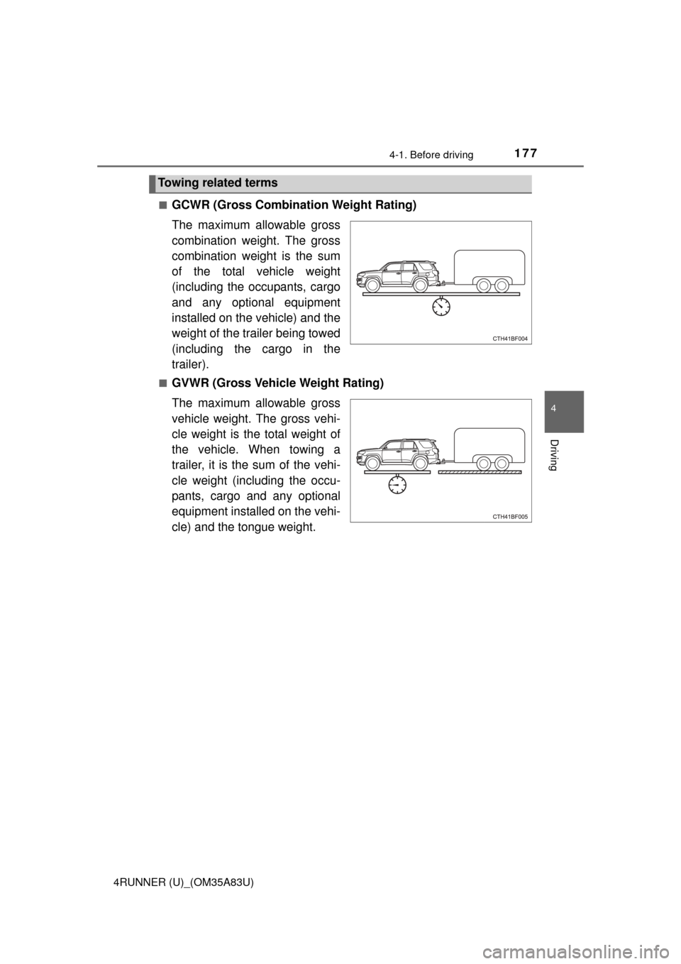 TOYOTA 4RUNNER 2014 N280 / 5.G Owners Manual 1774-1. Before driving
4
Driving
4RUNNER (U)_(OM35A83U)■
GCWR (Gross Combination Weight Rating)
The maximum allowable gross
combination weight. The gross
combination weight is the sum
of the total v