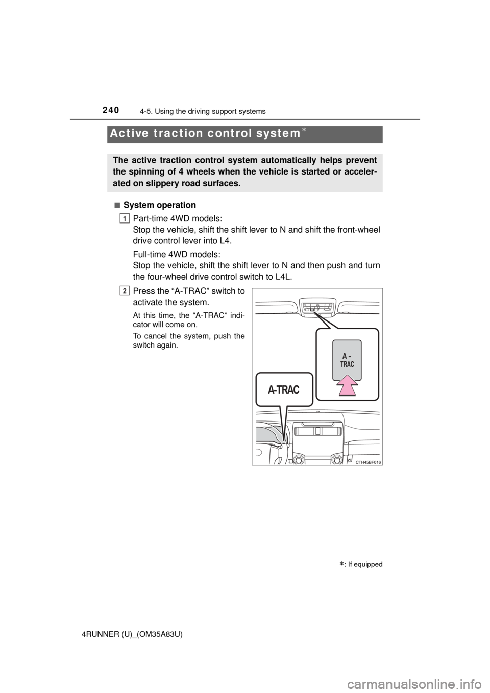 TOYOTA 4RUNNER 2014 N280 / 5.G Owners Manual 2404-5. Using the driving support systems
4RUNNER (U)_(OM35A83U)■
System operation
Part-time 4WD models:
Stop the vehicle, shift the shift lever to N and shift the front-wheel
drive control lever in