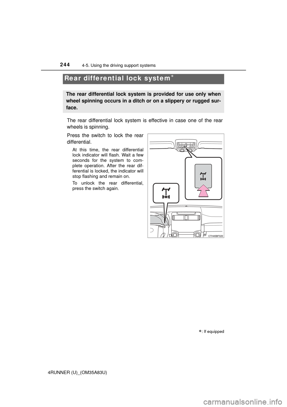 TOYOTA 4RUNNER 2014 N280 / 5.G Owners Manual 2444-5. Using the driving support systems
4RUNNER (U)_(OM35A83U)
The rear differential lock system is effective in case one of the rear
wheels is spinning.
Press the switch to lock the rear
differenti