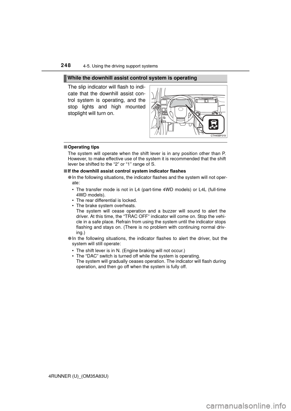 TOYOTA 4RUNNER 2014 N280 / 5.G Owners Manual 2484-5. Using the driving support systems
4RUNNER (U)_(OM35A83U)
The slip indicator will flash to indi-
cate that the downhill assist con-
trol system is operating, and the
stop lights and high mounte TOYOTA 4RUNNER 2014 N280 / 5.G Owners Manual 2484-5. Using the driving support systems
4RUNNER (U)_(OM35A83U)
The slip indicator will flash to indi-
cate that the downhill assist con-
trol system is operating, and the
stop lights and high mounte