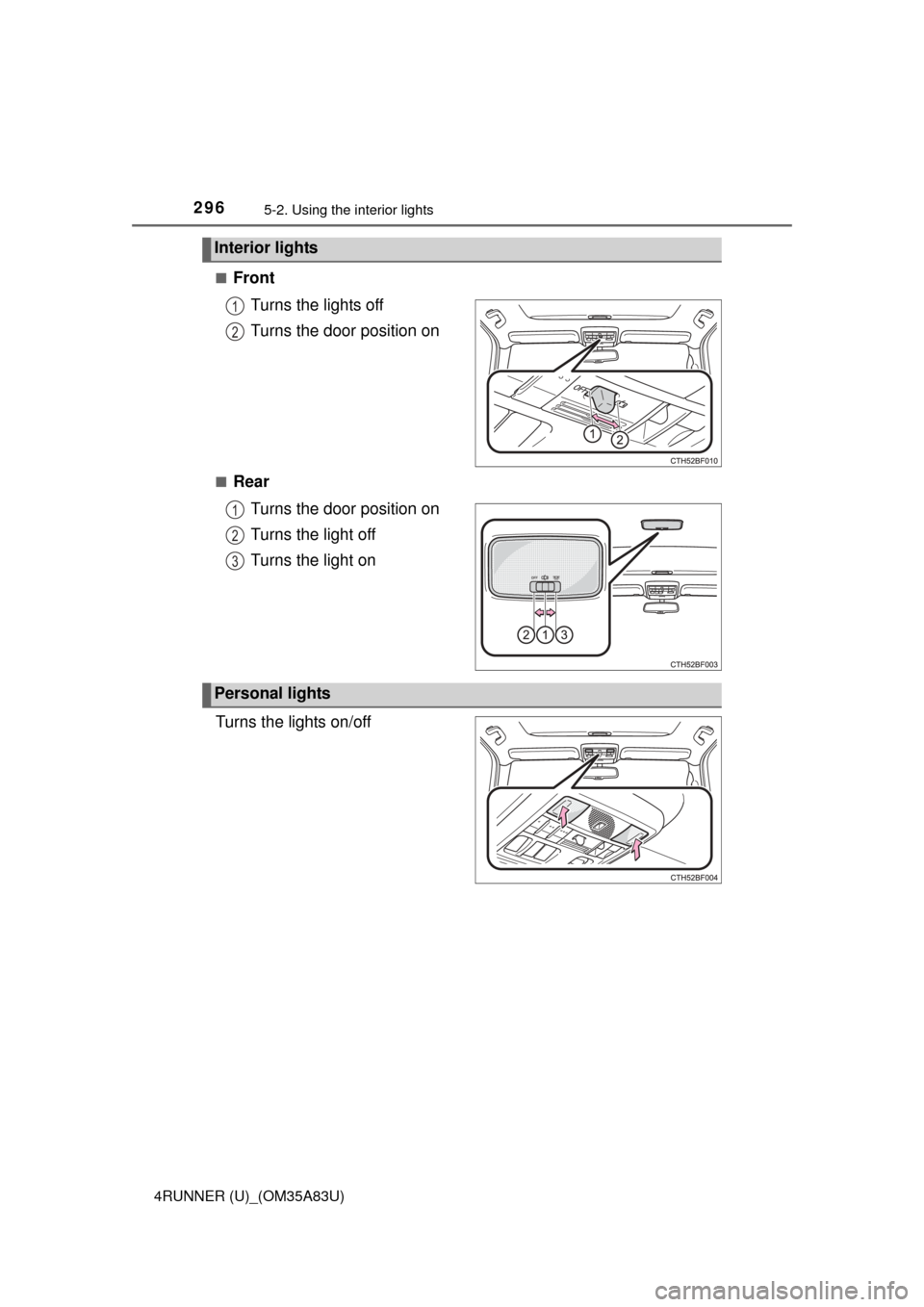 TOYOTA 4RUNNER 2014 N280 / 5.G Owners Manual 2965-2. Using the interior lights
4RUNNER (U)_(OM35A83U)■
Front
Turns the lights off
Turns the door position on
■RearTurns the door position on
Turns the light off
Turns the light on
Turns the lig