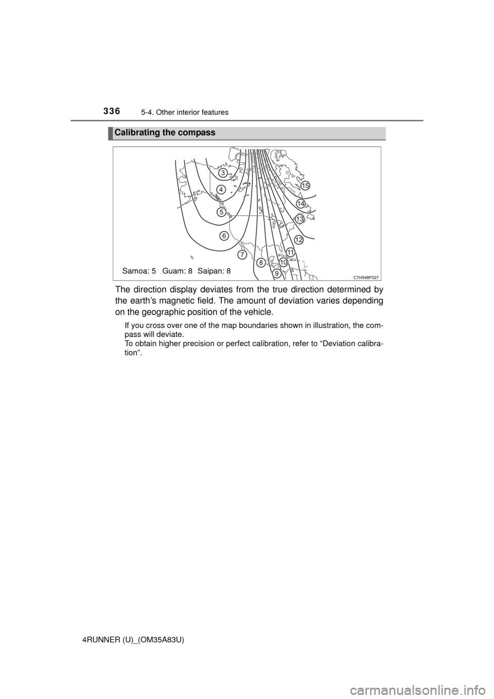 TOYOTA 4RUNNER 2014 N280 / 5.G Owners Manual 3365-4. Other interior features
4RUNNER (U)_(OM35A83U)
The direction display deviates from the true direction determined by
the earth’s magnetic field. The amount of deviation varies depending
on th