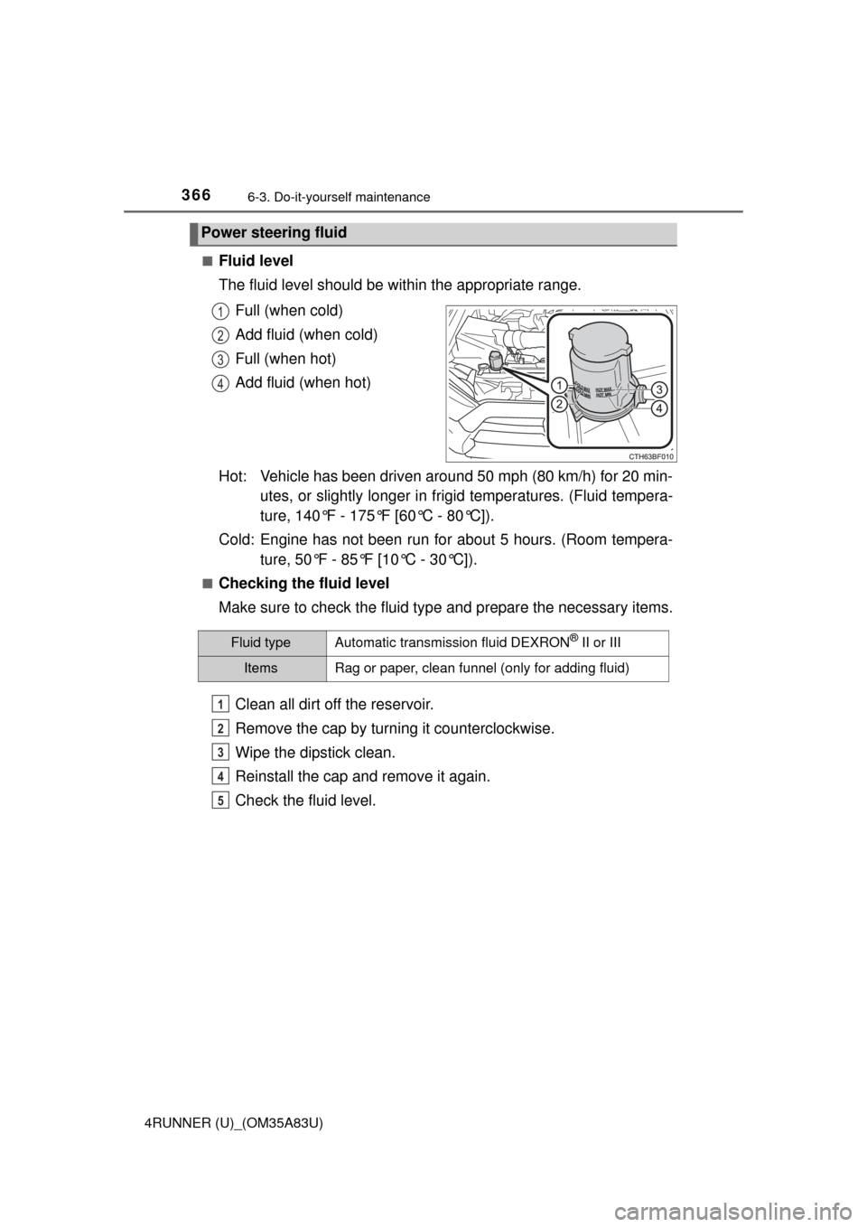 TOYOTA 4RUNNER 2014 N280 / 5.G Owners Manual 3666-3. Do-it-yourself maintenance
4RUNNER (U)_(OM35A83U)■
Fluid level
The fluid level should be within the appropriate range.
Full (when cold)
Add fluid (when cold)
Full (when hot)
Add fluid (when 