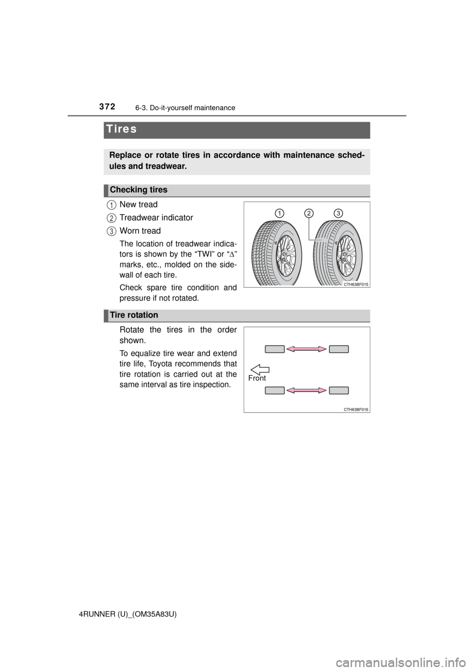 TOYOTA 4RUNNER 2014 N280 / 5.G Owners Manual 3726-3. Do-it-yourself maintenance
4RUNNER (U)_(OM35A83U)
New tread
Treadwear indicator
Worn tread
The location of treadwear indica-
tors is shown by the “TWI” or “”
marks, etc., molded on 