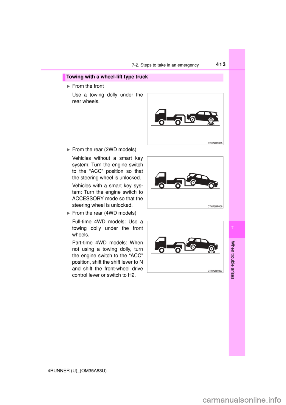 TOYOTA 4RUNNER 2014 N280 / 5.G Owners Manual 4137-2. Steps to take in an emergency
7
When trouble arises
4RUNNER (U)_(OM35A83U)
From the front
Use a towing dolly under the
rear wheels.
From the rear (2WD models)
Vehicles without a smart ke