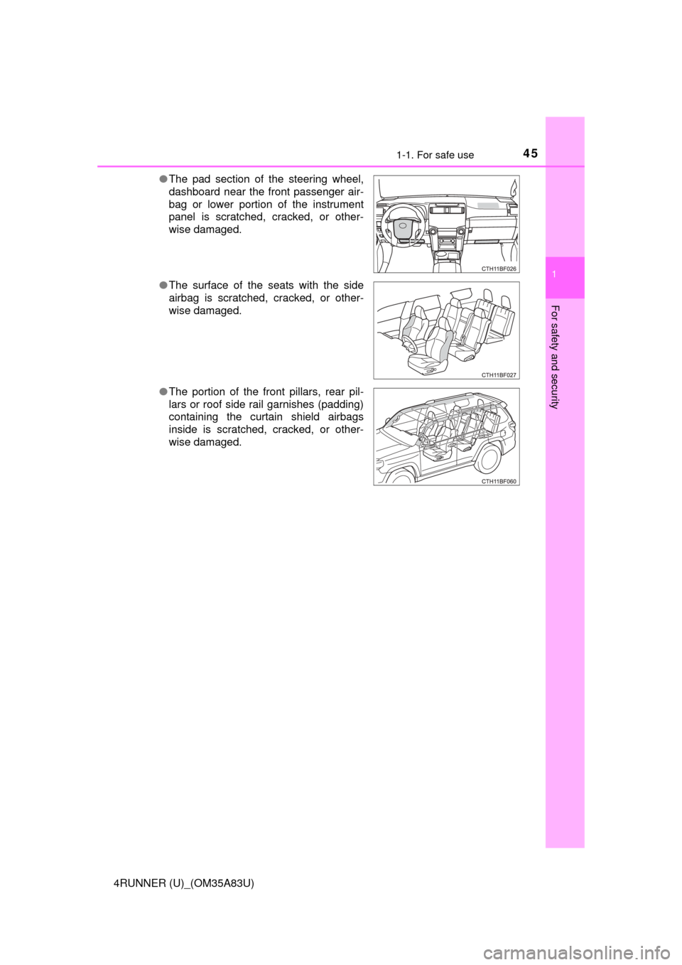 TOYOTA 4RUNNER 2014 N280 / 5.G Owners Manual 451-1. For safe use
1
For safety and security
4RUNNER (U)_(OM35A83U)●
The pad section of the steering wheel,
dashboard near the front passenger air-
bag or lower portion of the instrument
panel is s