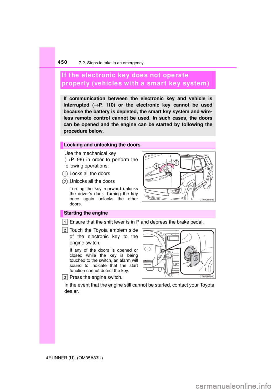 TOYOTA 4RUNNER 2014 N280 / 5.G Owners Manual 4507-2. Steps to take in an emergency
4RUNNER (U)_(OM35A83U)
Use the mechanical key
( P. 96) in order to perform the
following operations:
Locks all the doors
Unlocks all the doors
Turning the key TOYOTA 4RUNNER 2014 N280 / 5.G Owners Manual 4507-2. Steps to take in an emergency
4RUNNER (U)_(OM35A83U)
Use the mechanical key
( P. 96) in order to perform the
following operations:
Locks all the doors
Unlocks all the doors
Turning the key