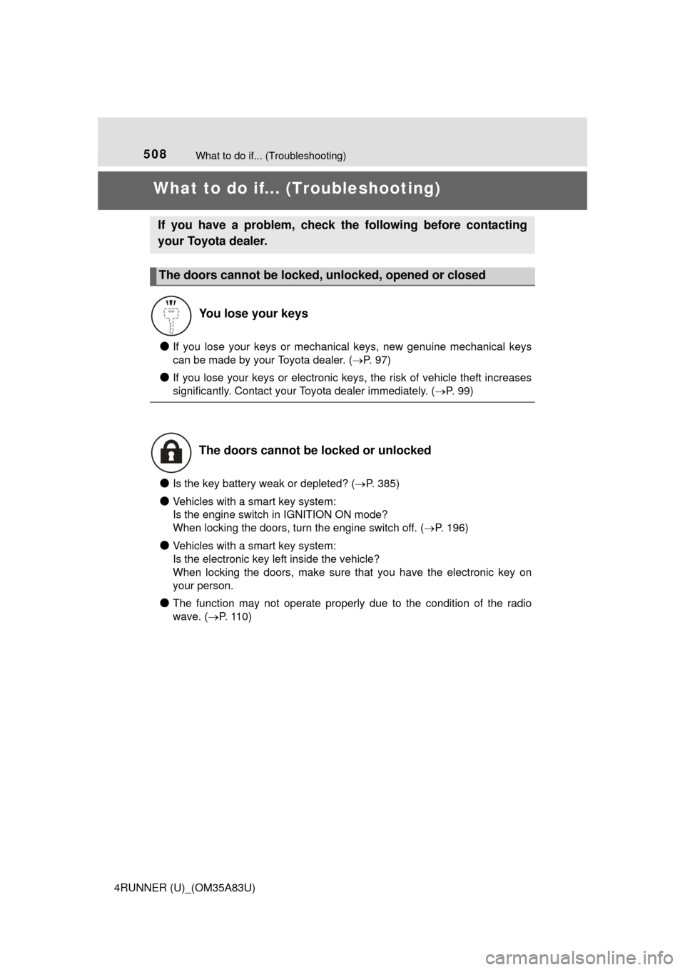 TOYOTA 4RUNNER 2014 N280 / 5.G Owners Manual 508
4RUNNER (U)_(OM35A83U)
What to do if... (Troubleshooting)
What to do if... (Troubleshooting)
●If you lose your keys or mechanical keys, new genuine mechanical keys
can be made by your Toyota dea