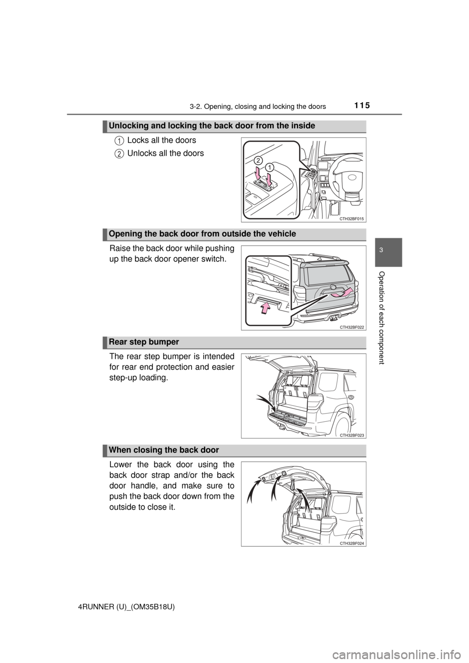 TOYOTA 4RUNNER 2015 N280 / 5.G Owners Manual 1153-2. Opening, closing and locking the doors
3
Operation of each component
4RUNNER (U)_(OM35B18U)
Locks all the doors
Unlocks all the doors
Raise the back door while pushing
up the back door opener 