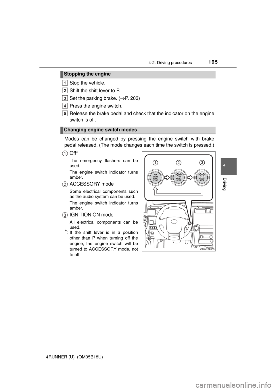 TOYOTA 4RUNNER 2015 N280 / 5.G Owners Manual 1954-2. Driving procedures
4
Driving
4RUNNER (U)_(OM35B18U)
Stop the vehicle.
Shift the shift lever to P.
Set the parking brake. (P. 203)
Press the engine switch.
Release the brake pedal and check 