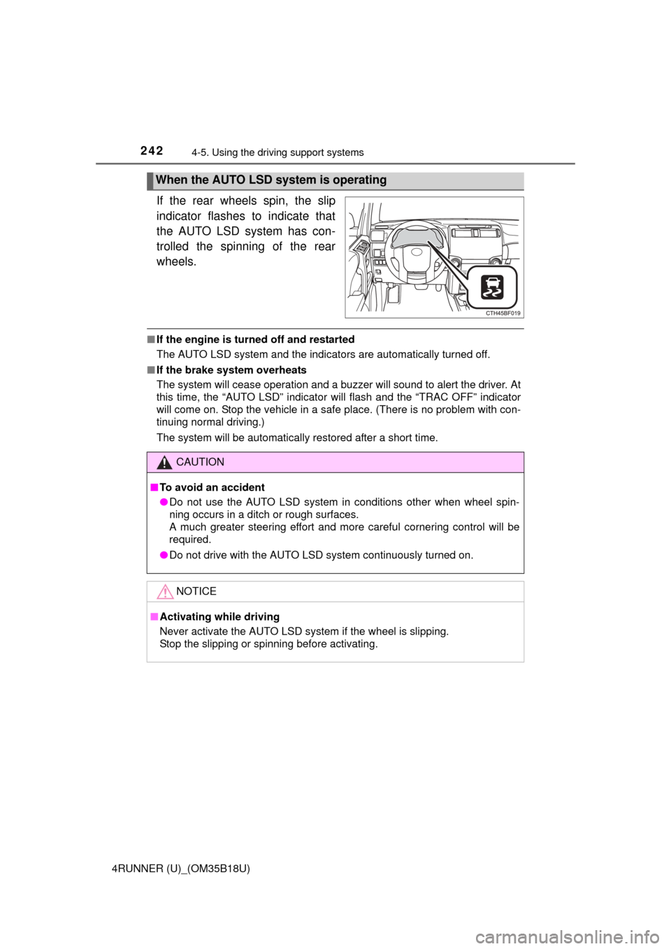 TOYOTA 4RUNNER 2015 N280 / 5.G Owners Manual 2424-5. Using the driving support systems
4RUNNER (U)_(OM35B18U)
If the rear wheels spin, the slip
indicator flashes to indicate that
the AUTO LSD system has con-
trolled the spinning of the rear
whee