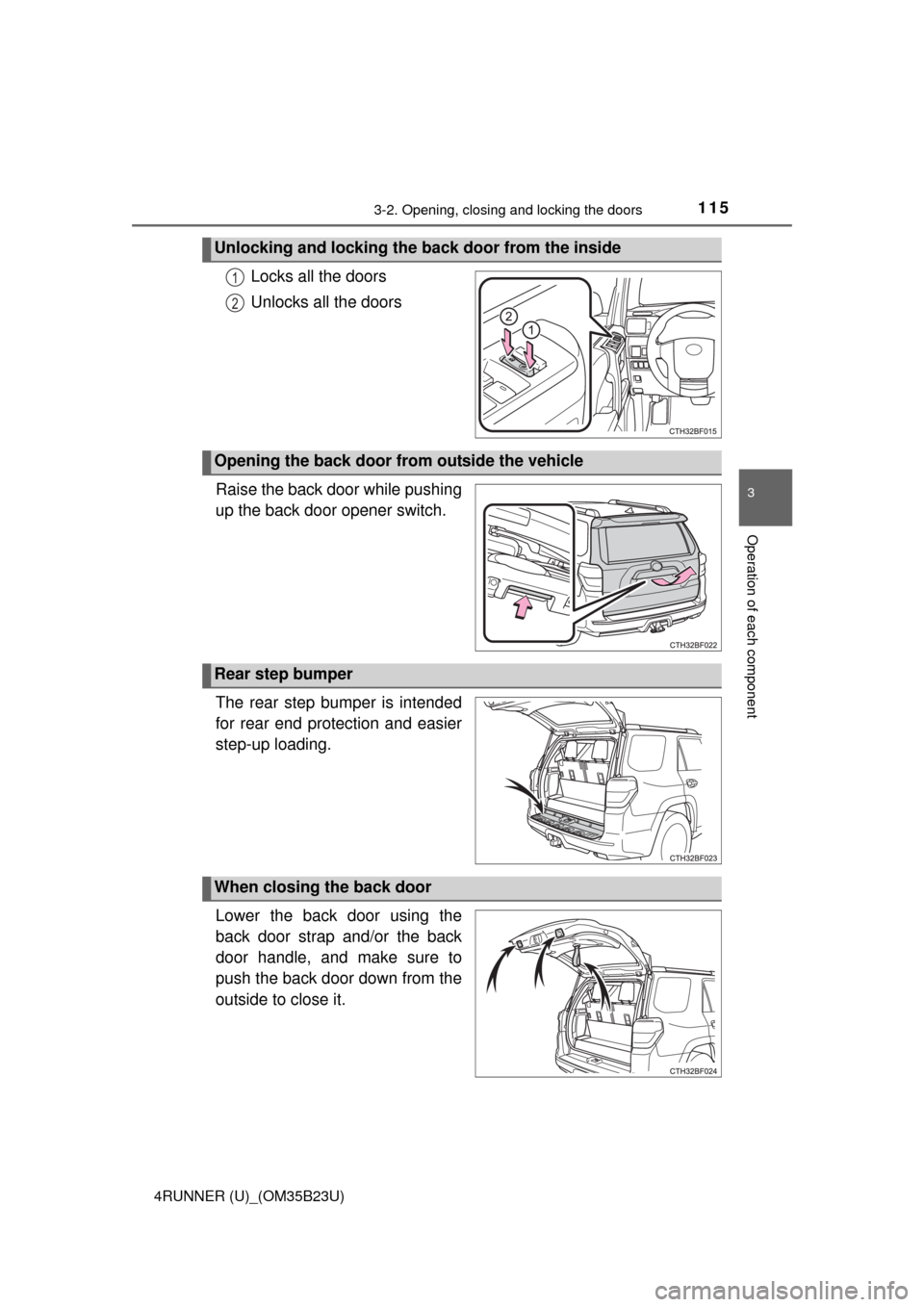 TOYOTA 4RUNNER 2016 N280 / 5.G Owners Manual 1153-2. Opening, closing and locking the doors
3
Operation of each component
4RUNNER (U)_(OM35B23U)
Locks all the doors
Unlocks all the doors
Raise the back door while pushing
up the back door opener 