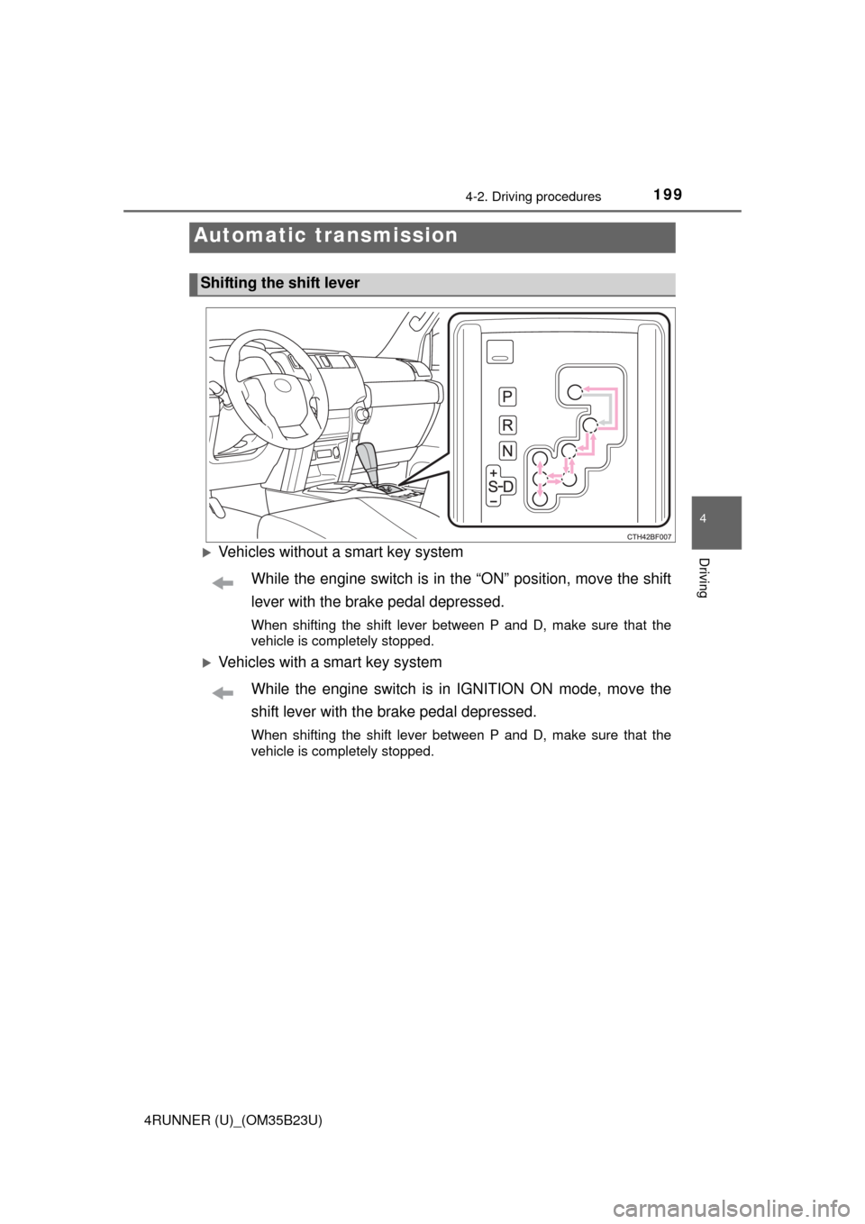 TOYOTA 4RUNNER 2016 N280 / 5.G Owners Manual 1994-2. Driving procedures
4
Driving
4RUNNER (U)_(OM35B23U)
Vehicles without a smart key system
While the engine switch is in the “ON” position, move the shift
lever with the brake pedal depres
