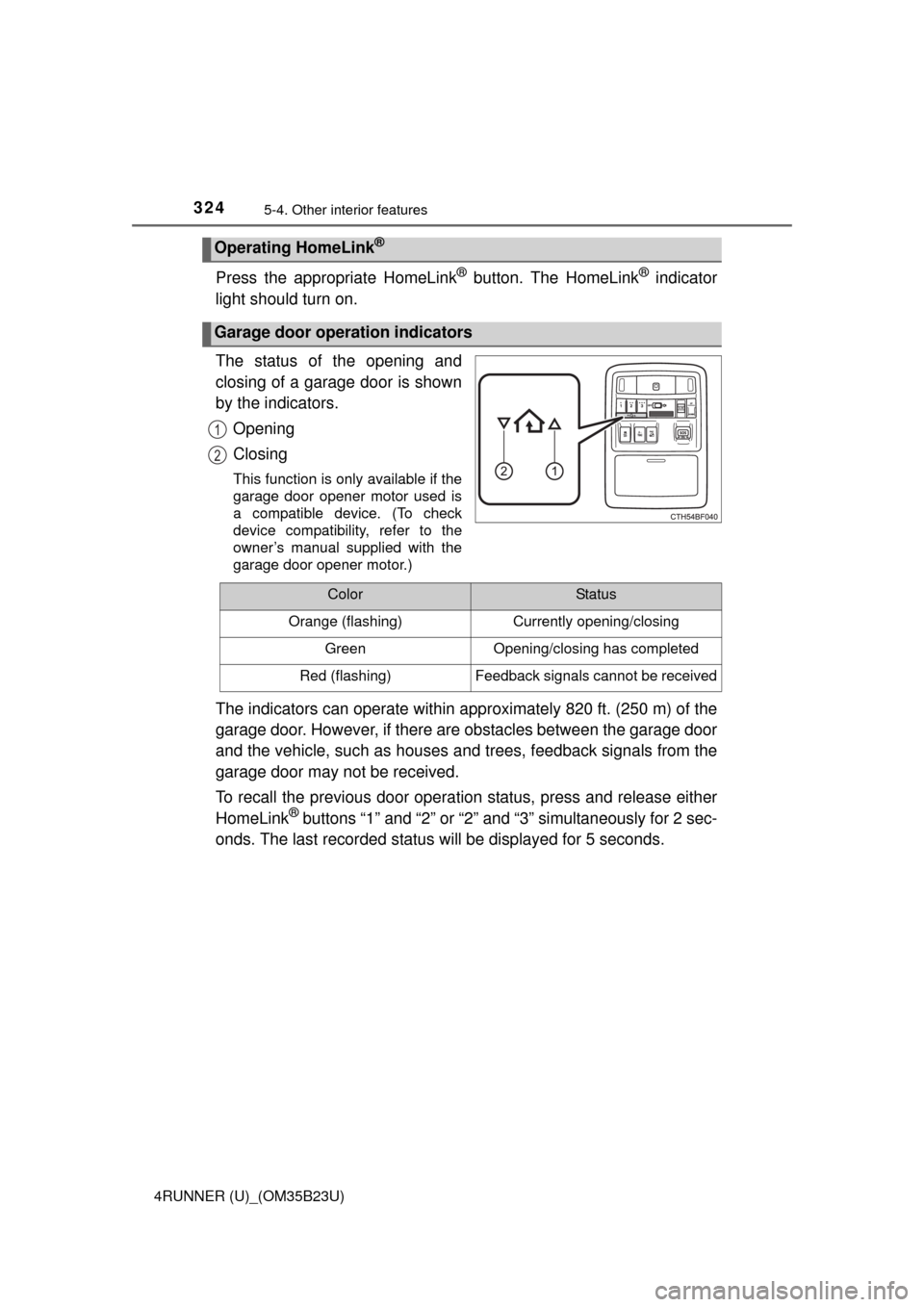 TOYOTA 4RUNNER 2016 N280 / 5.G Owners Manual 3245-4. Other interior features
4RUNNER (U)_(OM35B23U)
Press the appropriate HomeLink® button. The HomeLink® indicator
light should turn on.
The status of the opening and
closing of a garage door is