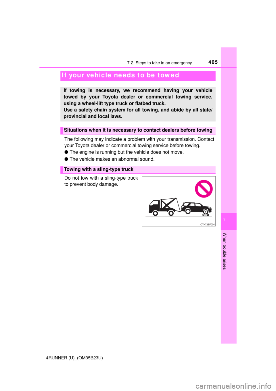 TOYOTA 4RUNNER 2016 N280 / 5.G Owners Manual 405
7
When trouble arises
4RUNNER (U)_(OM35B23U)
7-2. Steps to take in an emergency
The following may indicate a problem with your transmission. Contact
your Toyota dealer or commercial towing service