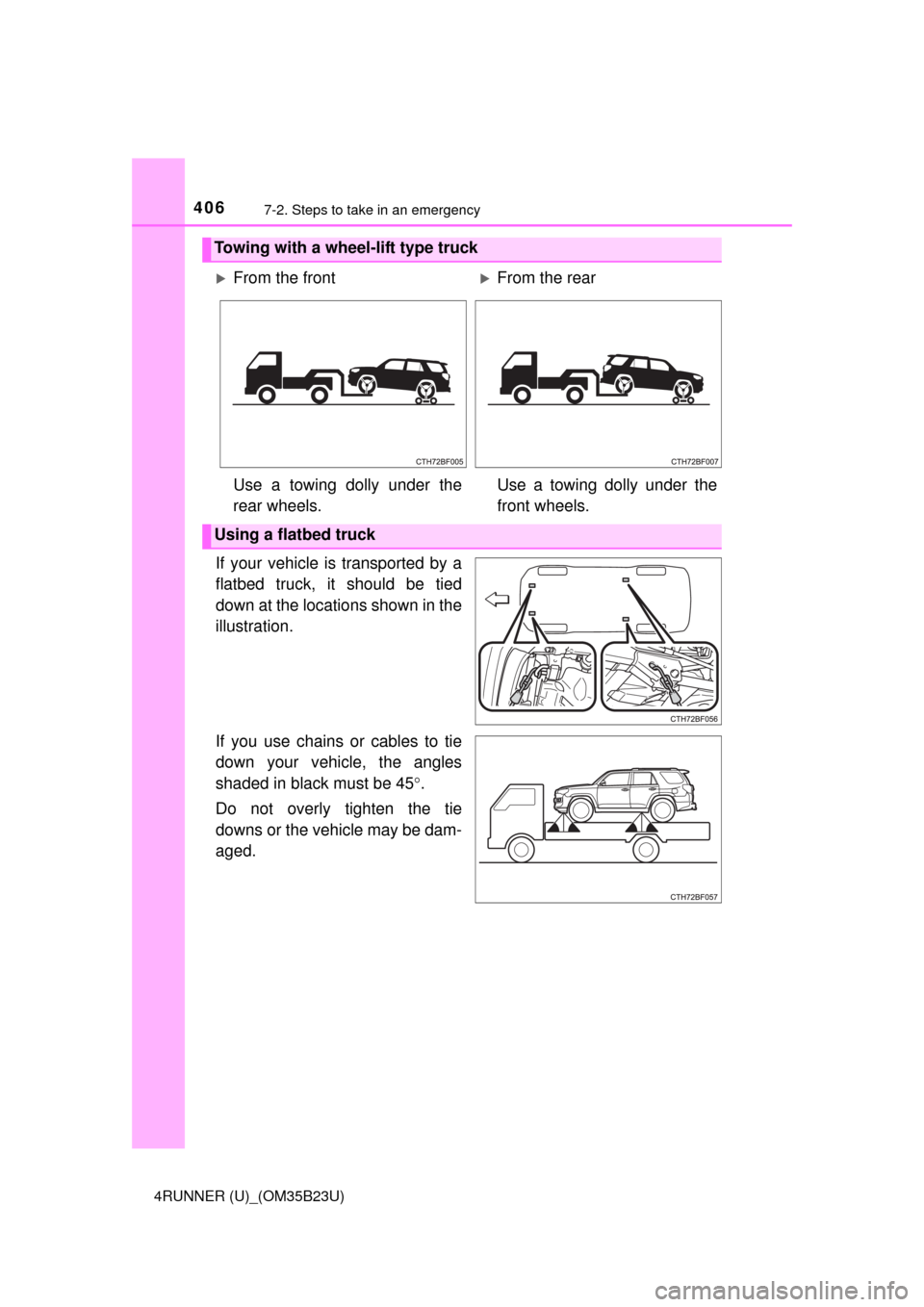TOYOTA 4RUNNER 2016 N280 / 5.G Owners Manual 4067-2. Steps to take in an emergency
4RUNNER (U)_(OM35B23U)
If your vehicle is transported by a
flatbed truck, it should be tied
down at the locations shown in the
illustration.
If you use chains or 