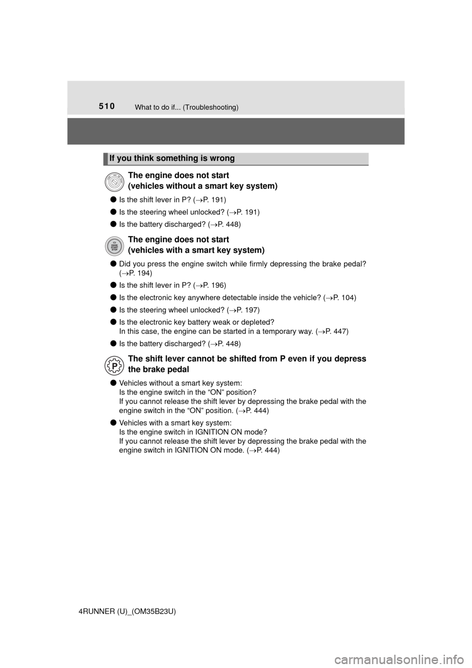 TOYOTA 4RUNNER 2016 N280 / 5.G Owners Manual 510What to do if... (Troubleshooting)
4RUNNER (U)_(OM35B23U)
●Is the shift lever in P? (P. 191)
●Is the steering wheel unlocked? (P. 191)
●Is the battery discharged? (P. 448)
●Did you